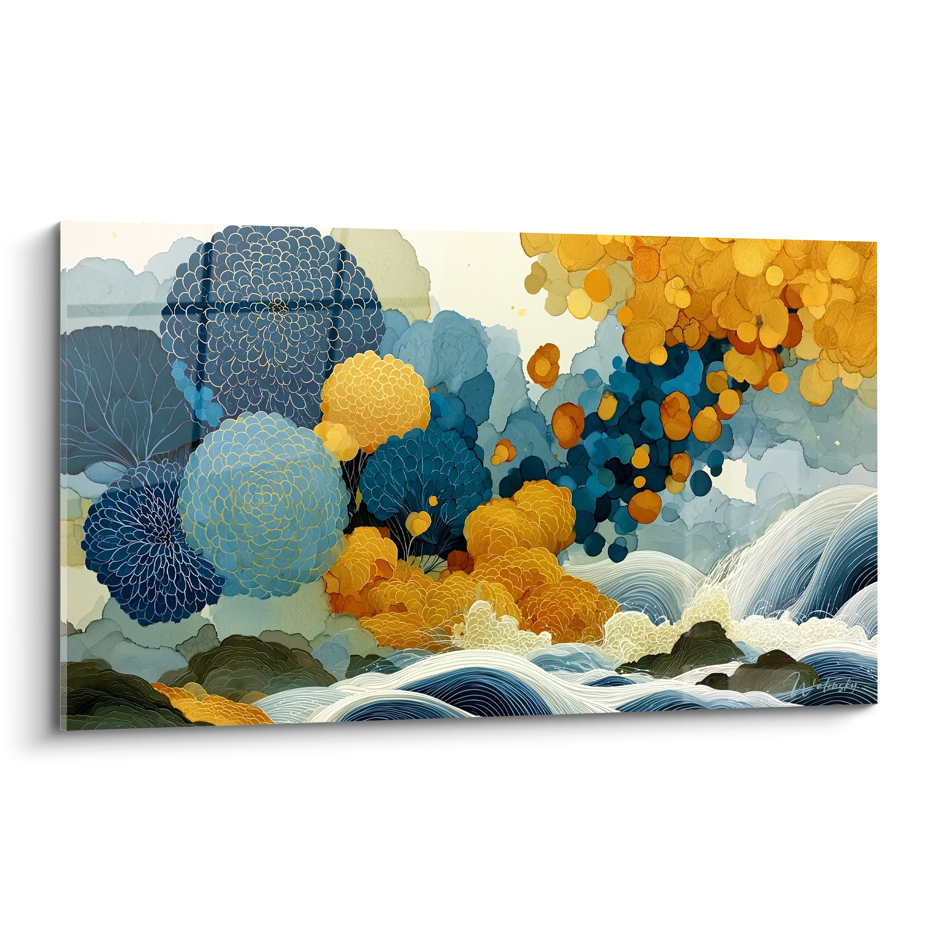 Fleur abstrait aux pompons bleu marine et dorés, vagues stylisées en pointillisme fluide