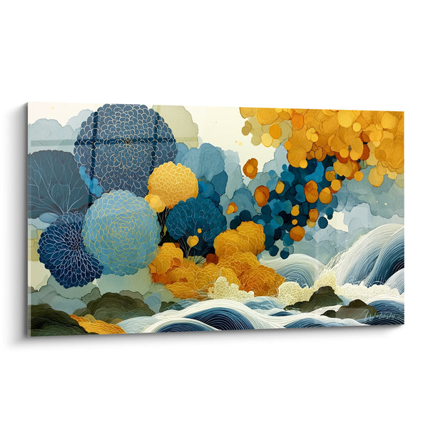 Tableau Chrysanthèmes bleu marine et dorés sur vagues stylisées - Jardin suspendu - Edition fleur abstrait