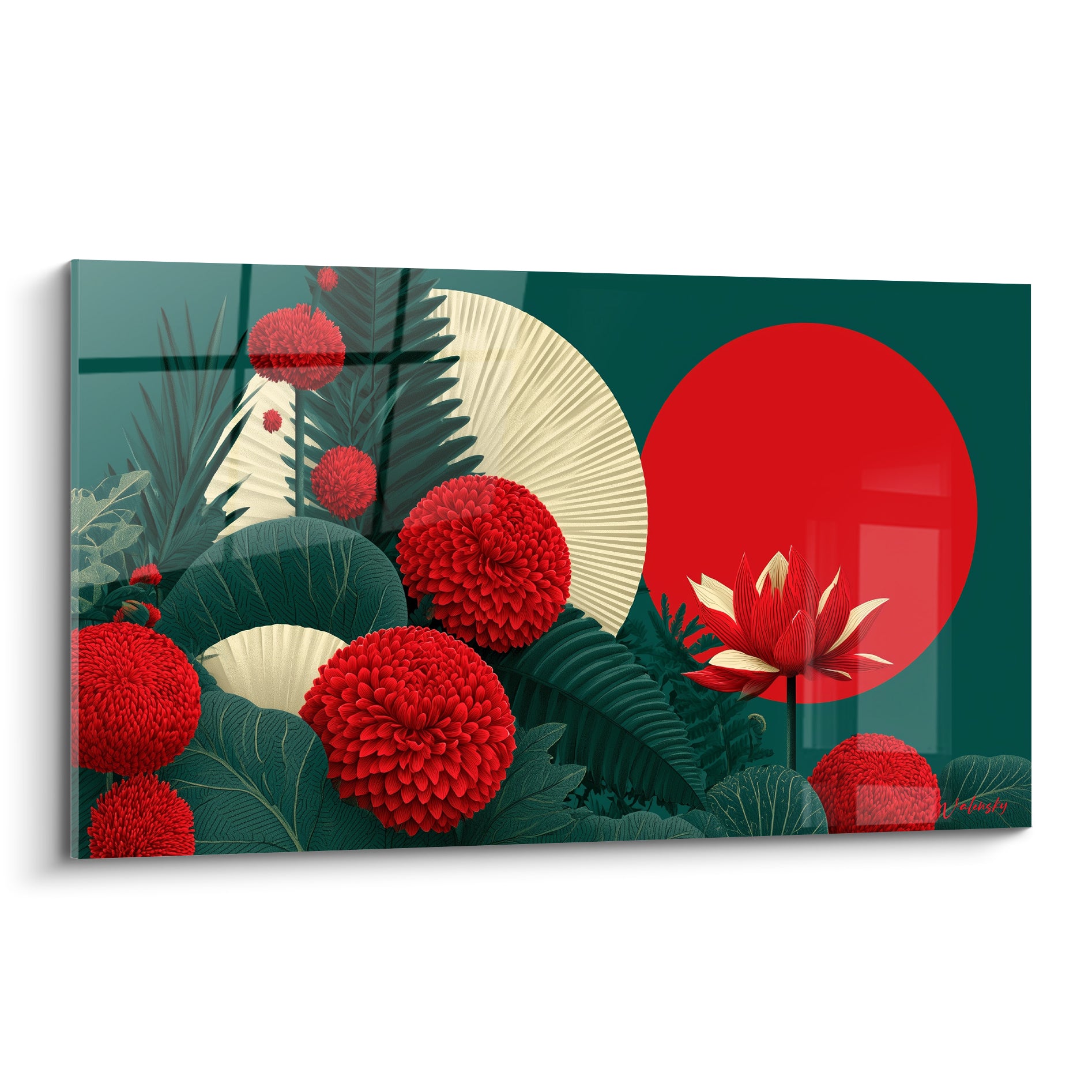 Chrysanthèmes rouges et disque écarlate composent ce tableau fleur abstrait sur fond vert sapin
