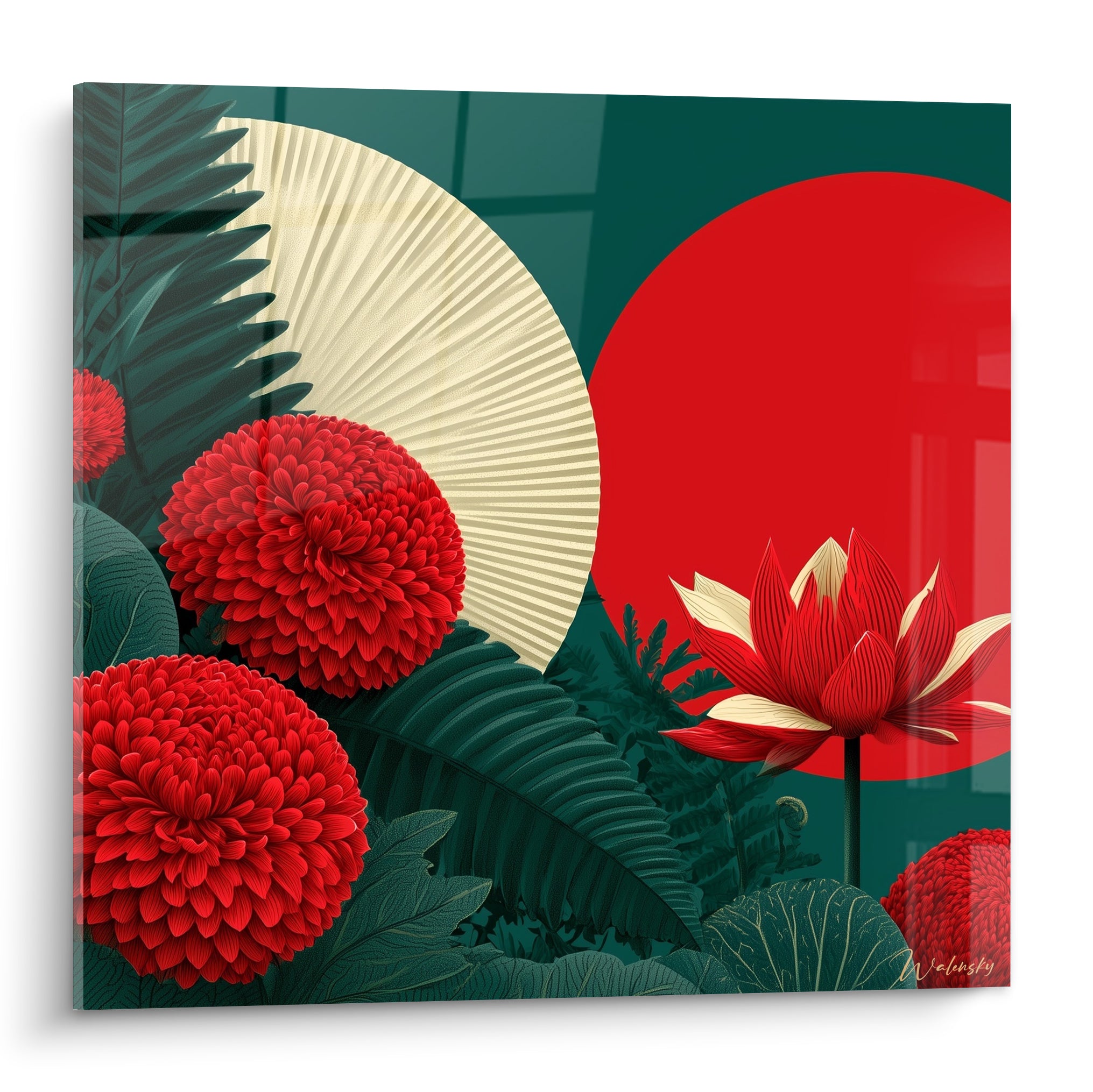 Chrysanthèmes rouge grenat et lotus ivoire devant un disque écarlate sur fond vert émeraude