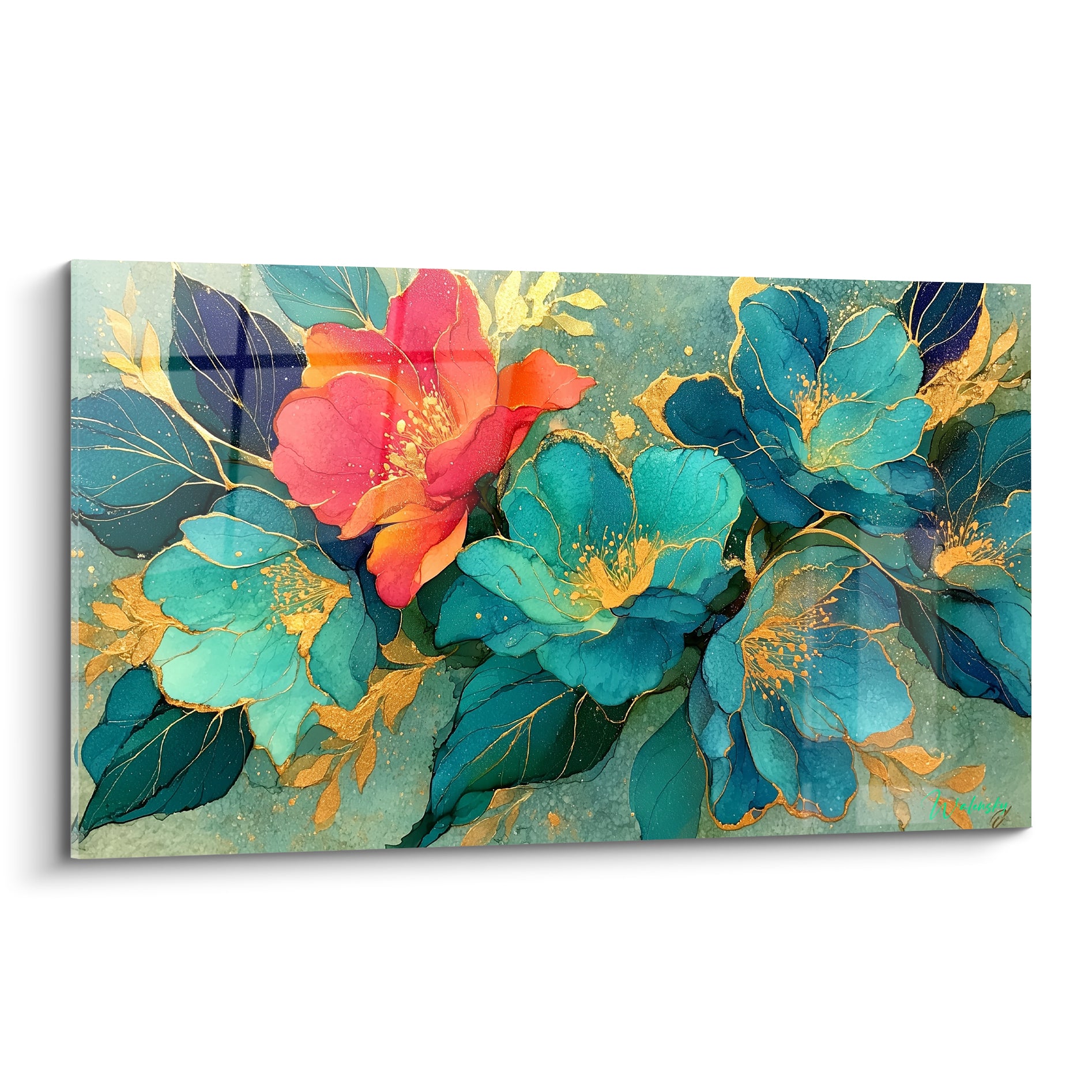 Fleur abstrait corail et turquoise aux nervures dorées, pétales largement ouverts sur fond vert sauge