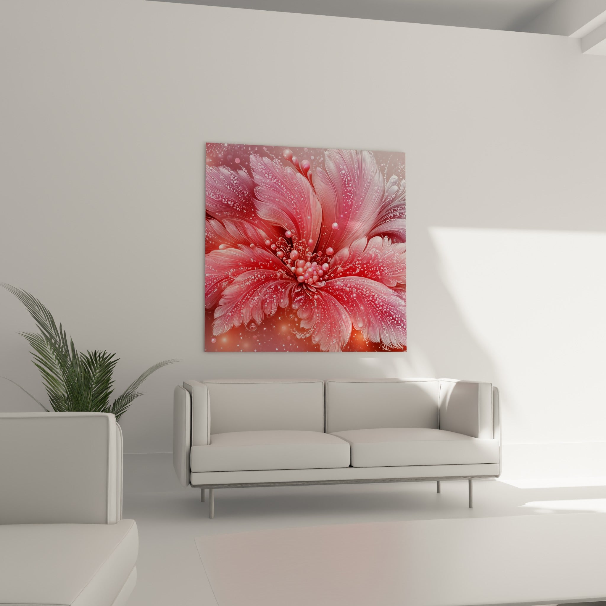 Corolle rose et bordeaux du tableau fleur abstrait au-dessus d'un canapé dans un salon lumineux