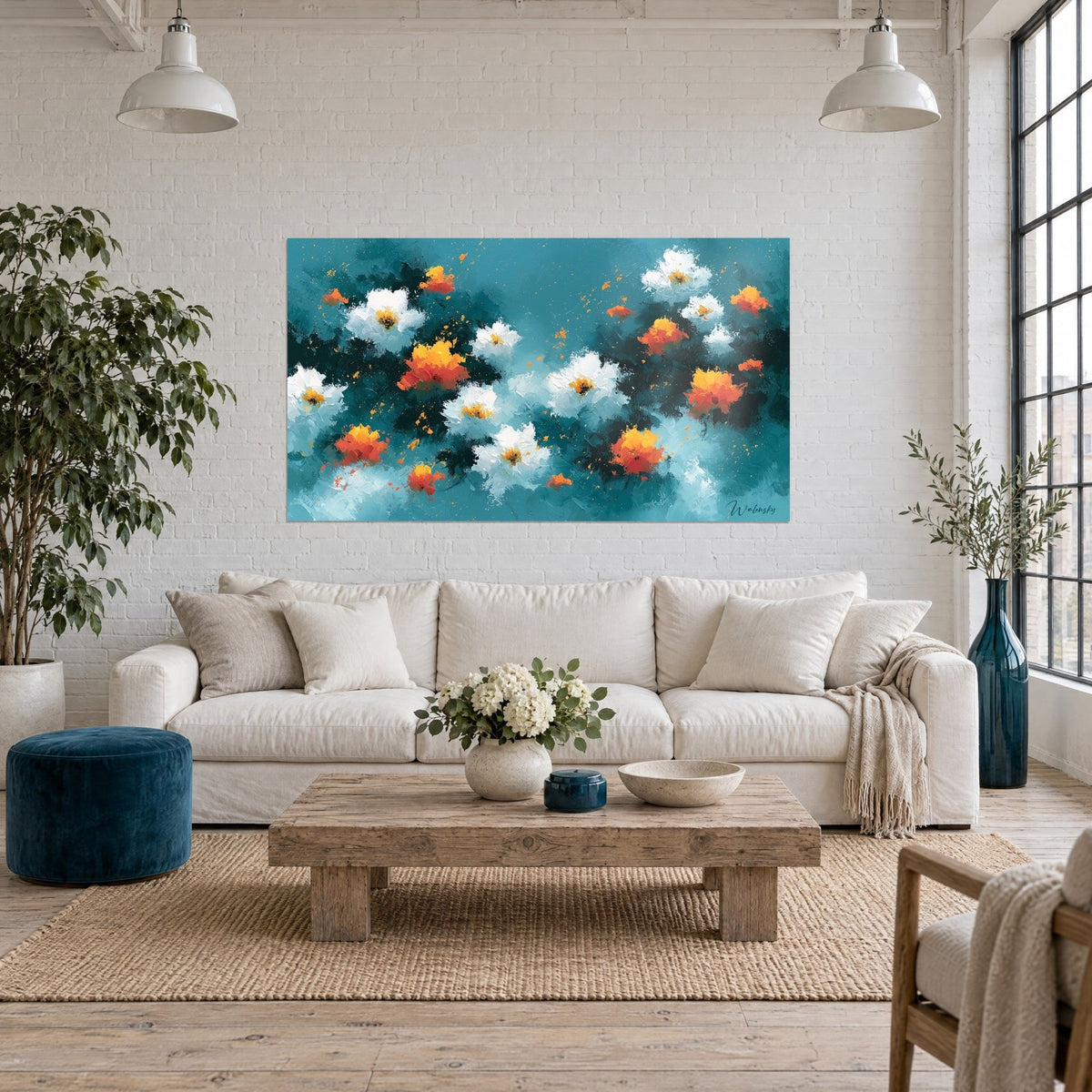 Quadro fiori bianchi brinati e petali arancio vivo su fondo verde petrolio, pennellate di colore spesso, sopra un divano in un soggiorno luminoso