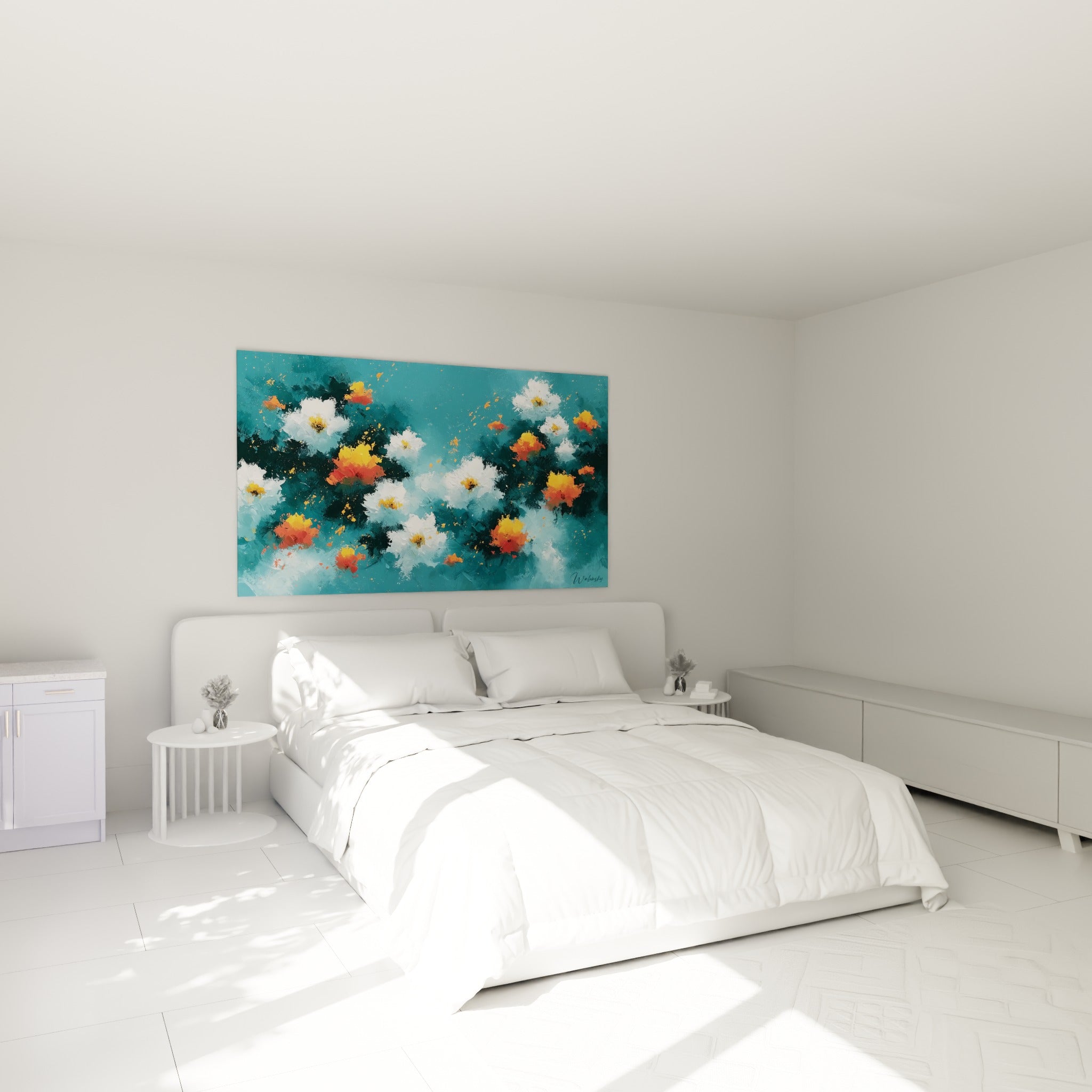 Bouquet stylisé blanc et orange vif, tableau fleur abstrait au-dessus d'un lit dans une chambre claire