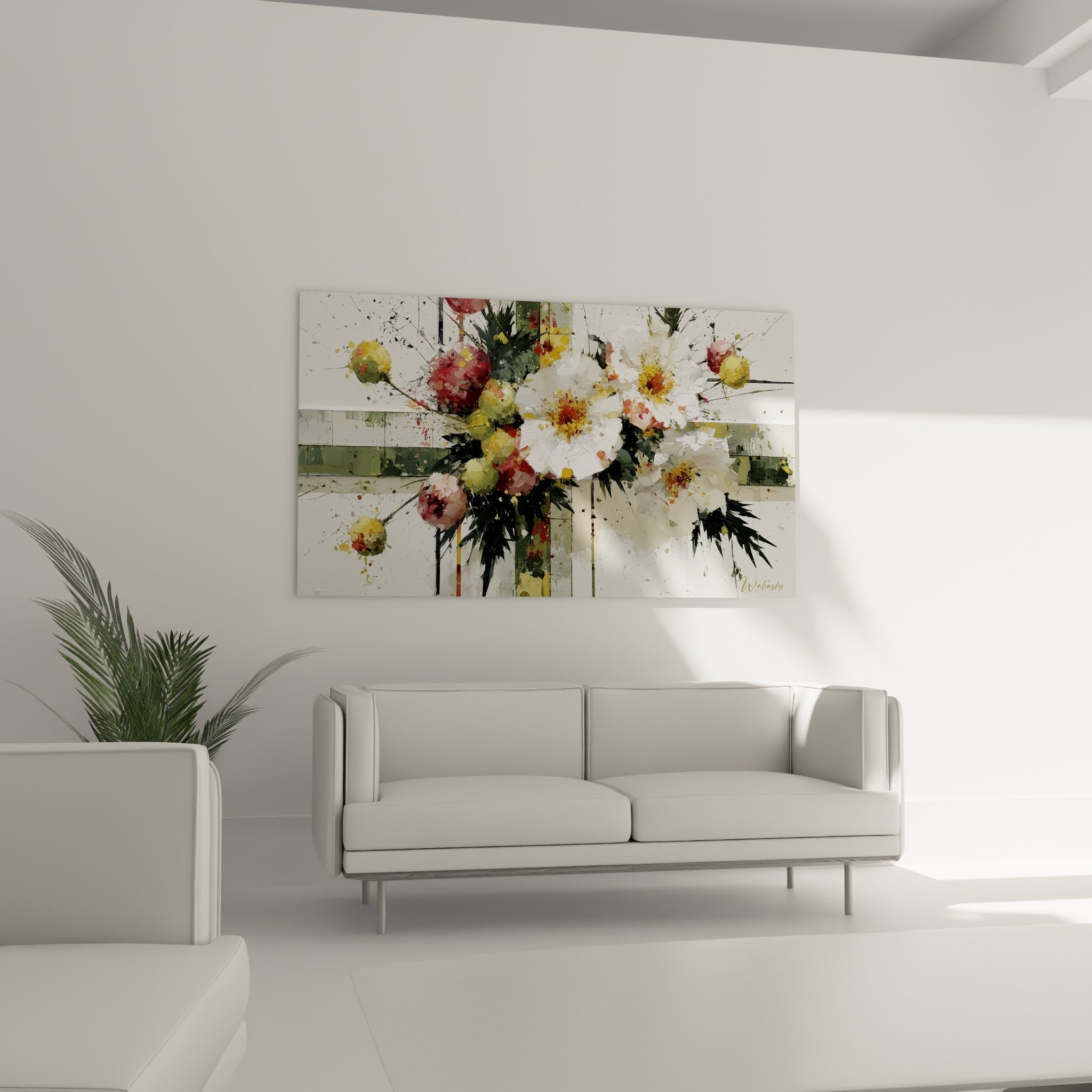 Corolles blanches et boutons rose poudré à la texture épaisse, au-dessus d'un canapé dans un salon lumineux