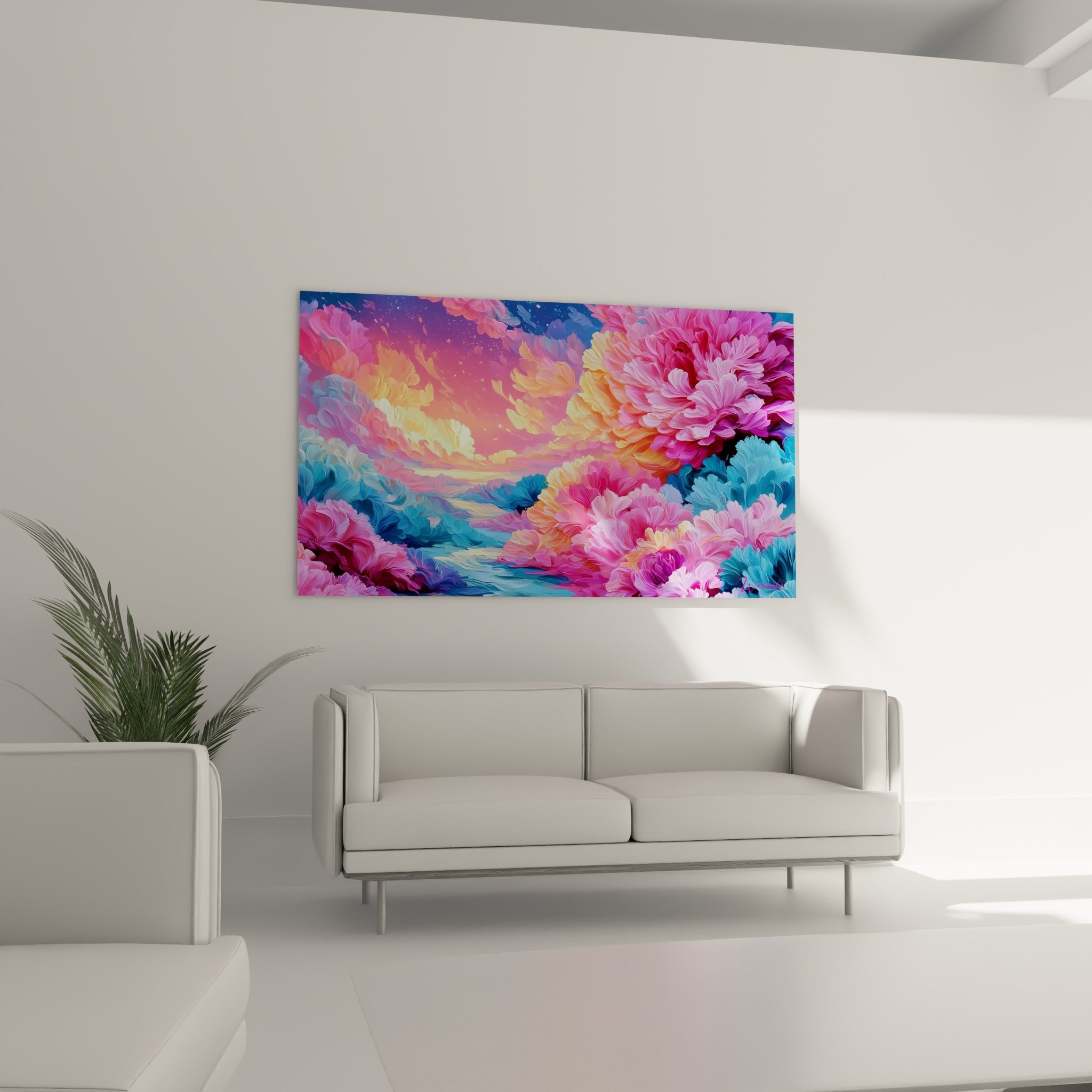 Sentier de fleurs abstraites rose fuchsia et bleu pastel, installé au-dessus d'un canapé dans un salon lumineux