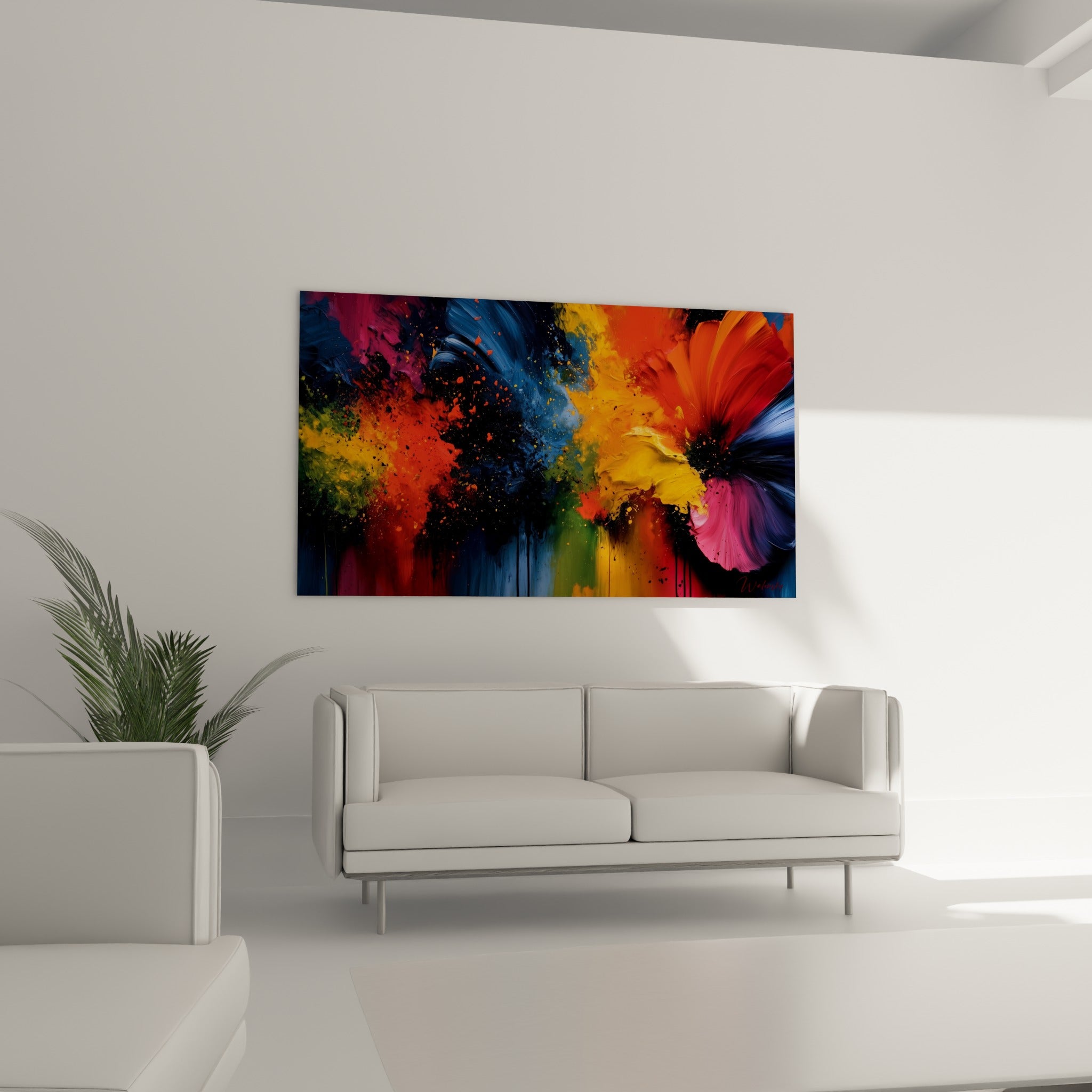 Explosion florale rouge et bleu marine aux coulures noires, au-dessus d'un canapé dans un salon lumineux