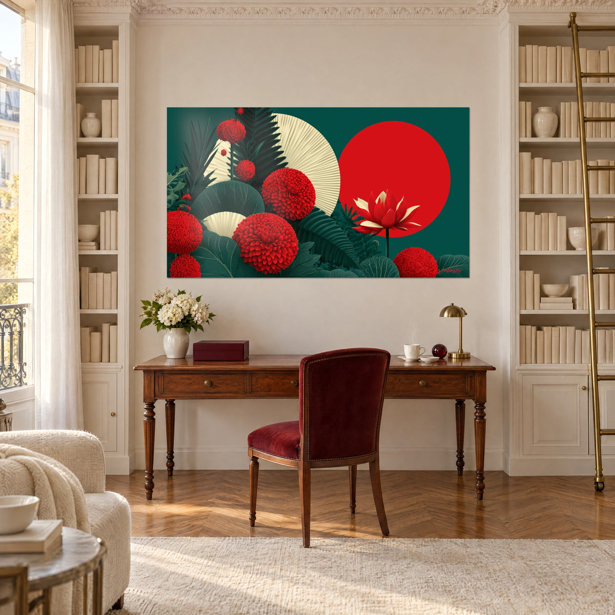 Wall art graphic bouquet of red peonies, carmine sun, green feathers and ivory fan, above a wooden desk between two bookcases