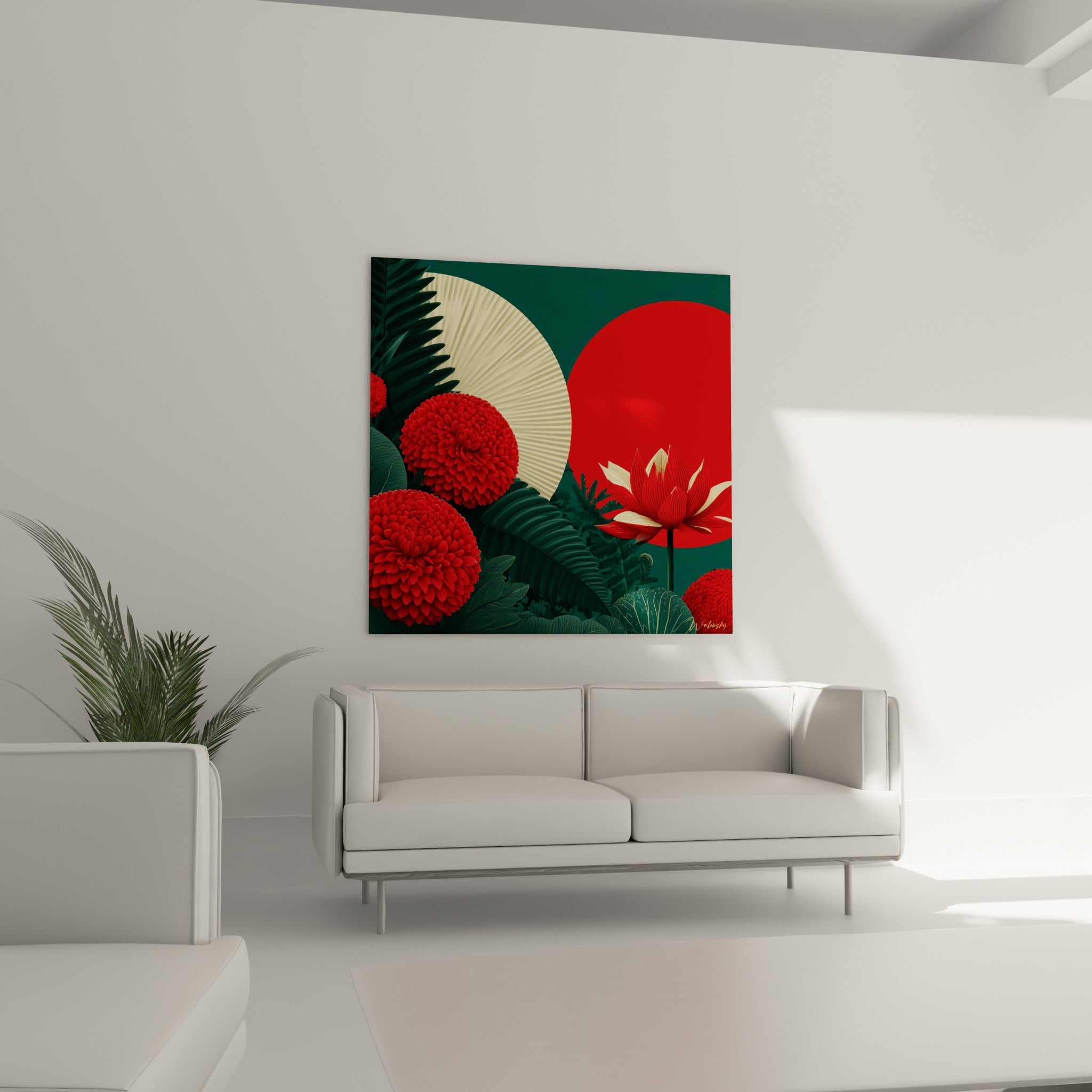 Lotus rayé rouge et blanc devant un disque écarlate au-dessus d'un canapé dans un salon lumineux