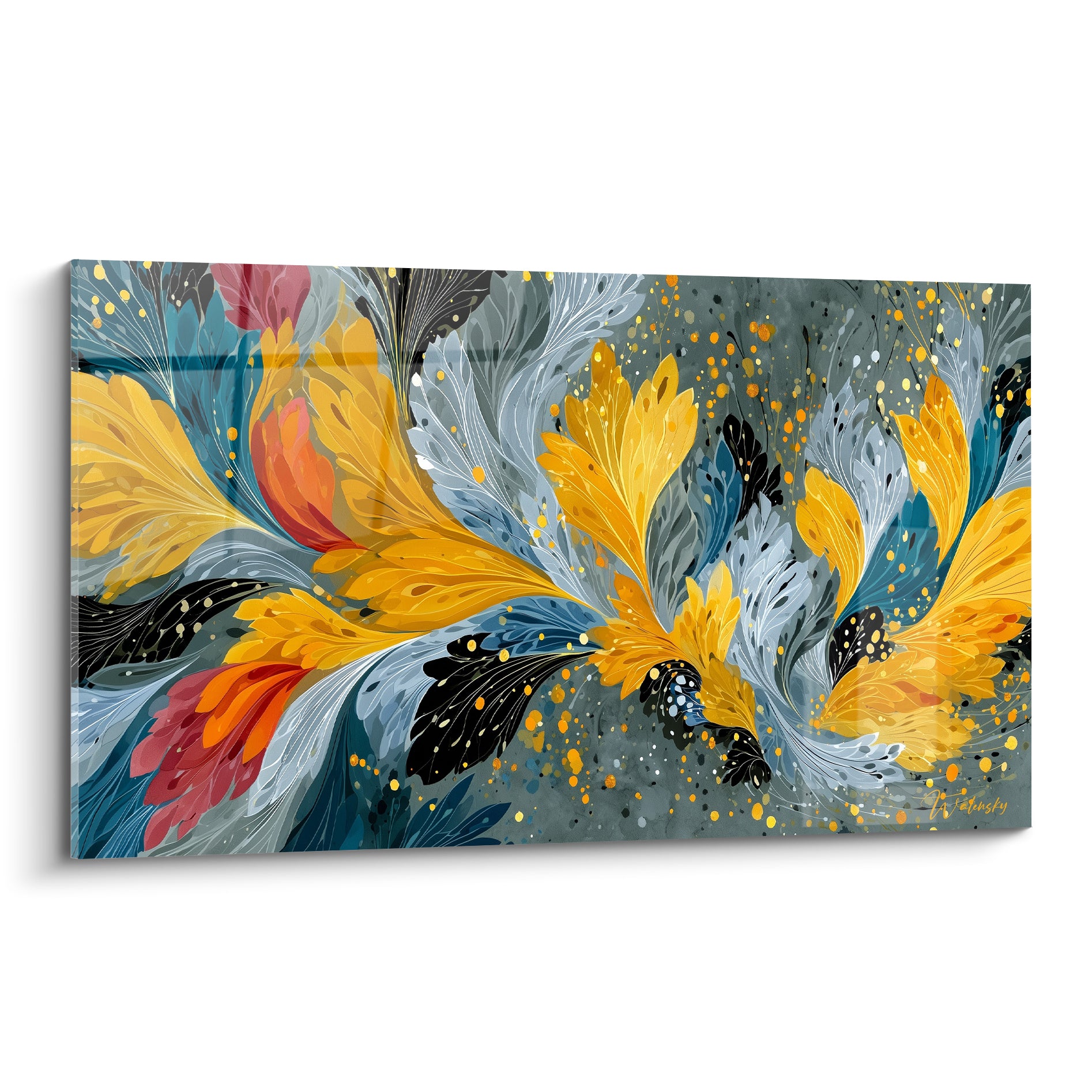 Fleur abstrait dorée et anthracite aux formes de plumes déployées et éclats orangés