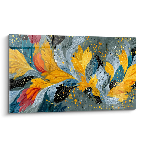 Tableau Plumage floral doré et anthracite - Envol nocturne - Edition fleur abstrait