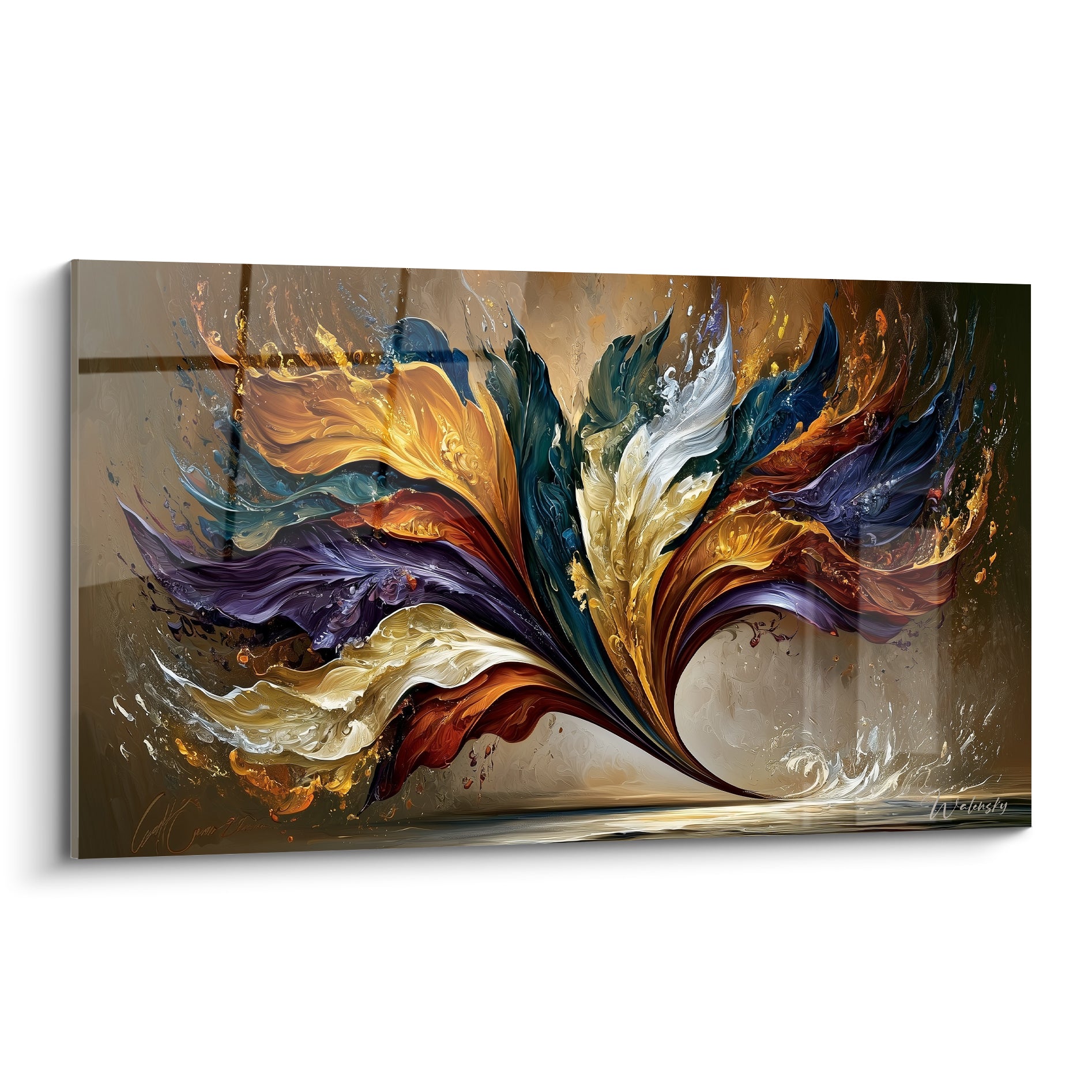 Fleur abstraite dorée et prune déployée en volutes fluides sur fond taupe, style peinture liquide