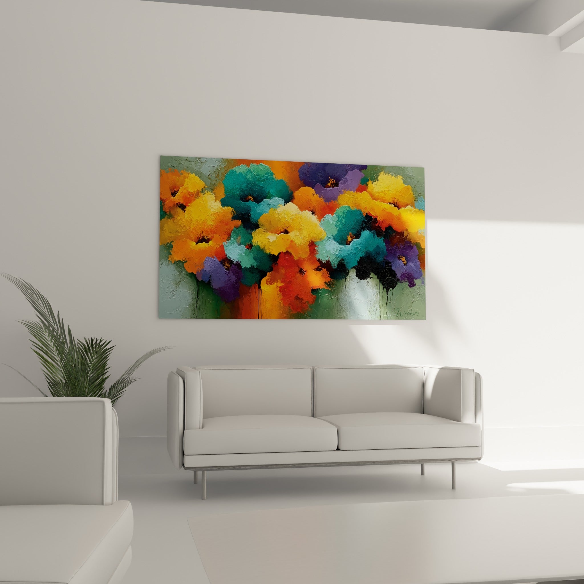 Fleurs abstraites dorées et violettes aux textures sculptées, au-dessus d'un canapé dans un salon lumineux