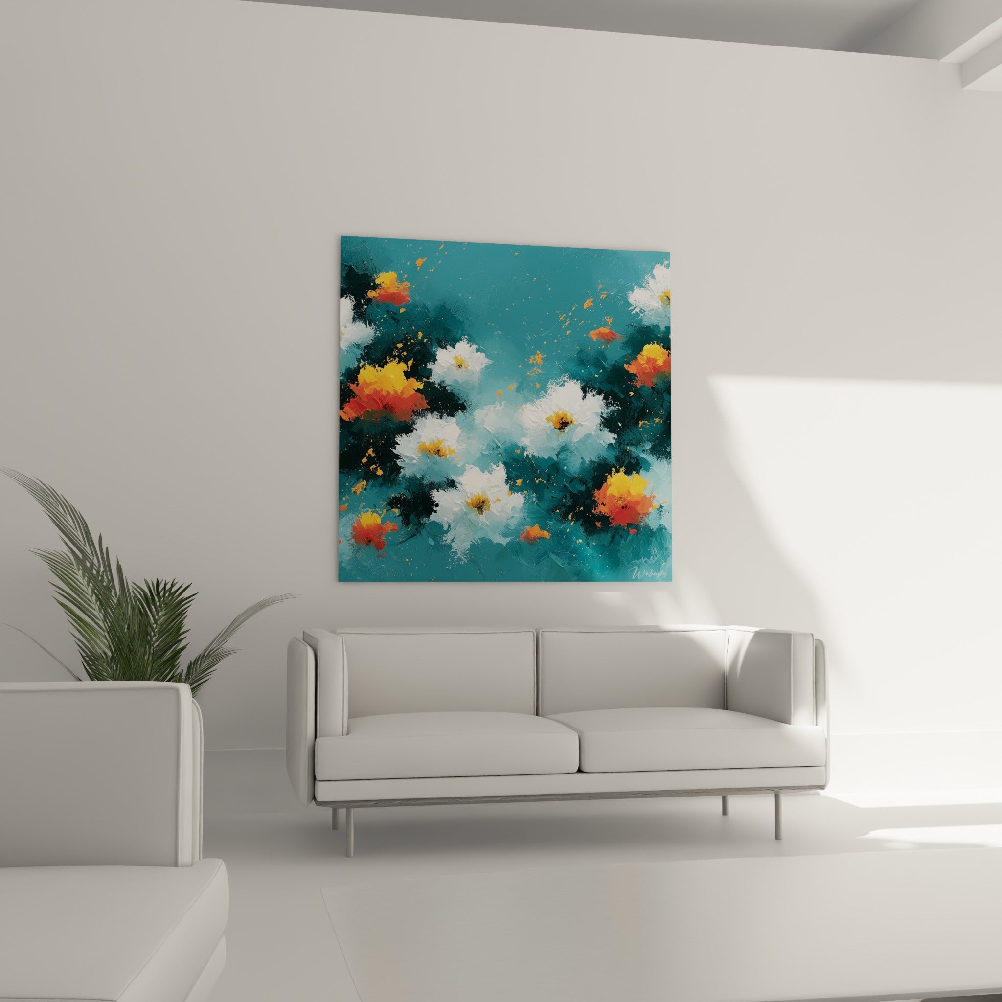 Bouquets abstraits blancs et fauves sur bleu profond, positionnés au-dessus d'un canapé dans un salon lumineux