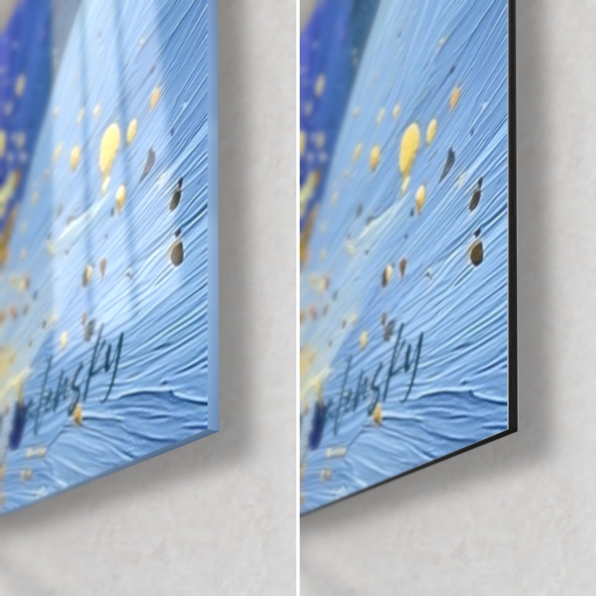 Wall art with raised sky-blue petals, gold splashes, bottom-right corner in glossy glass and matte Dibond, 3 mm edge