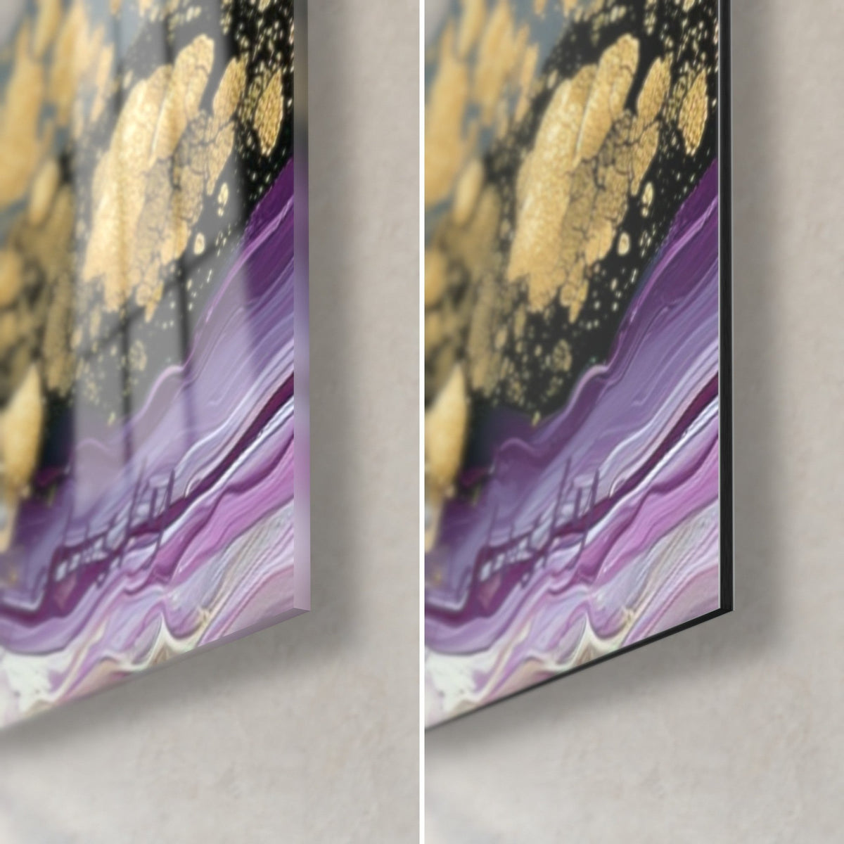 Quadro con fitti grappoli di fiori viola, angolo in basso a destra: vetro acrilico lucido e alluminio Dibond nero opaco, oro su porpora, spessore 3 mm