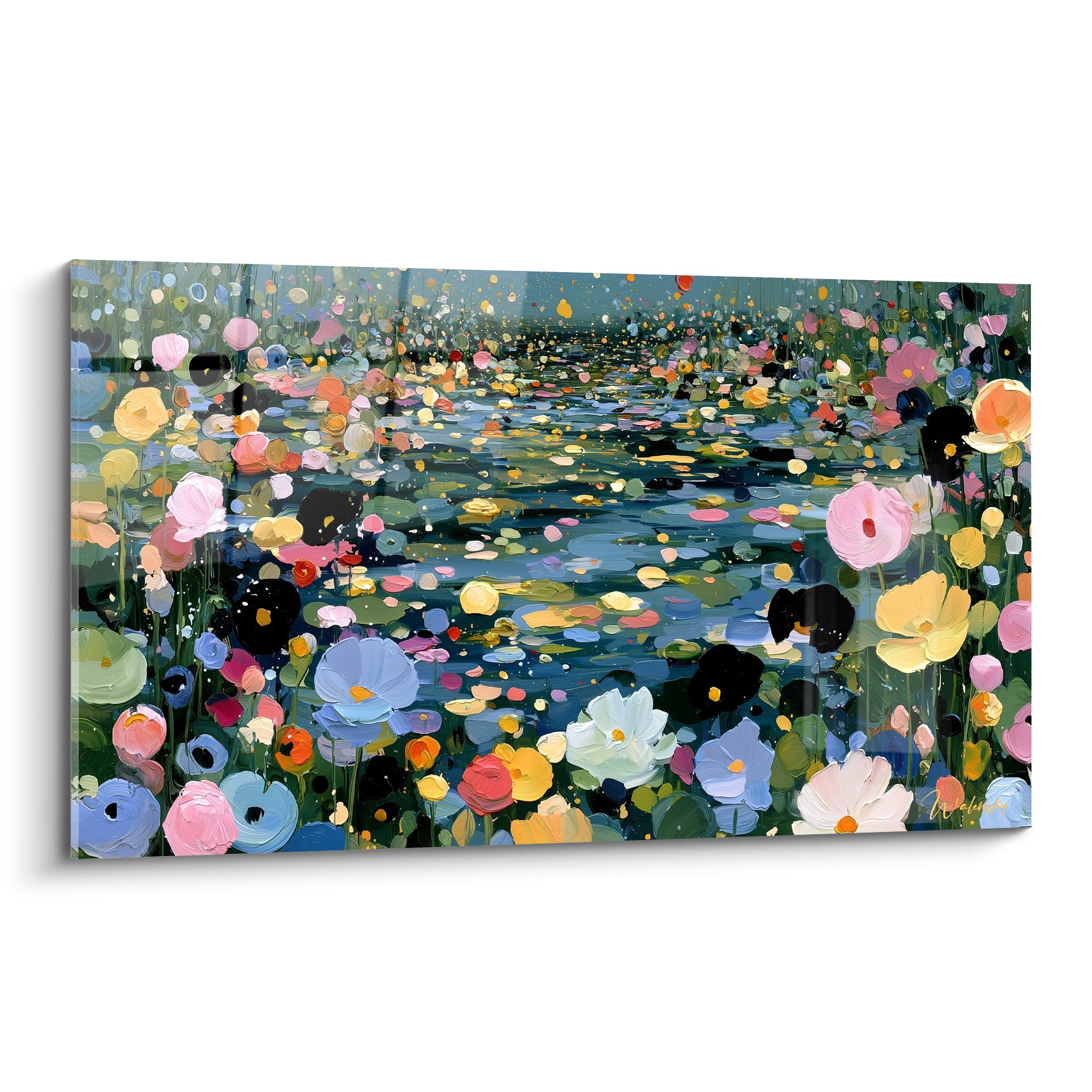 Fleur abstrait aux pétales bleu pastel et rose poudré flottant sur une eau vert sombre