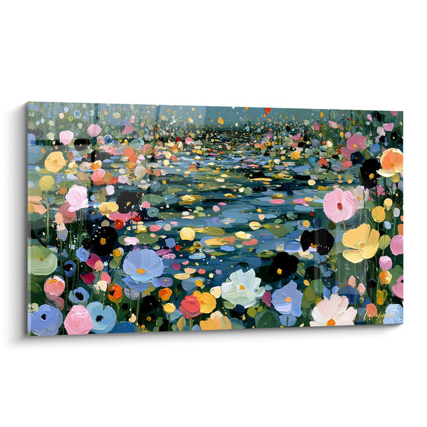 Tableau Sentier fleuri bleu et rose vers l'horizon - Chemin d'étang scintillant - Edition fleur abstrait