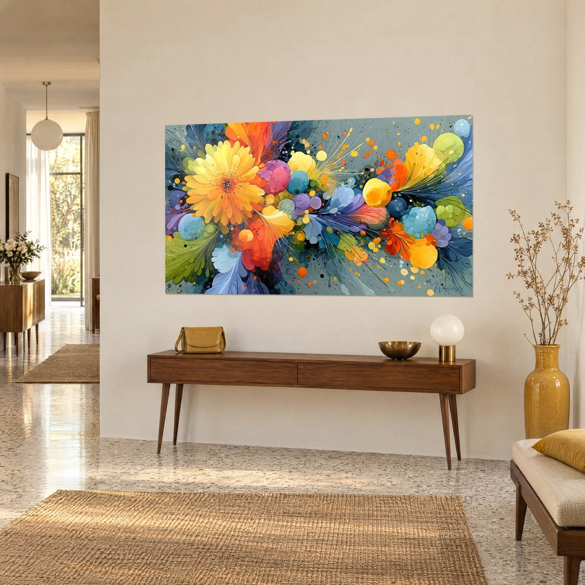 Quadro bouquet astratto giallo e arancione schizzato di bolle turchesi e viola, su una parete beige accanto a una console