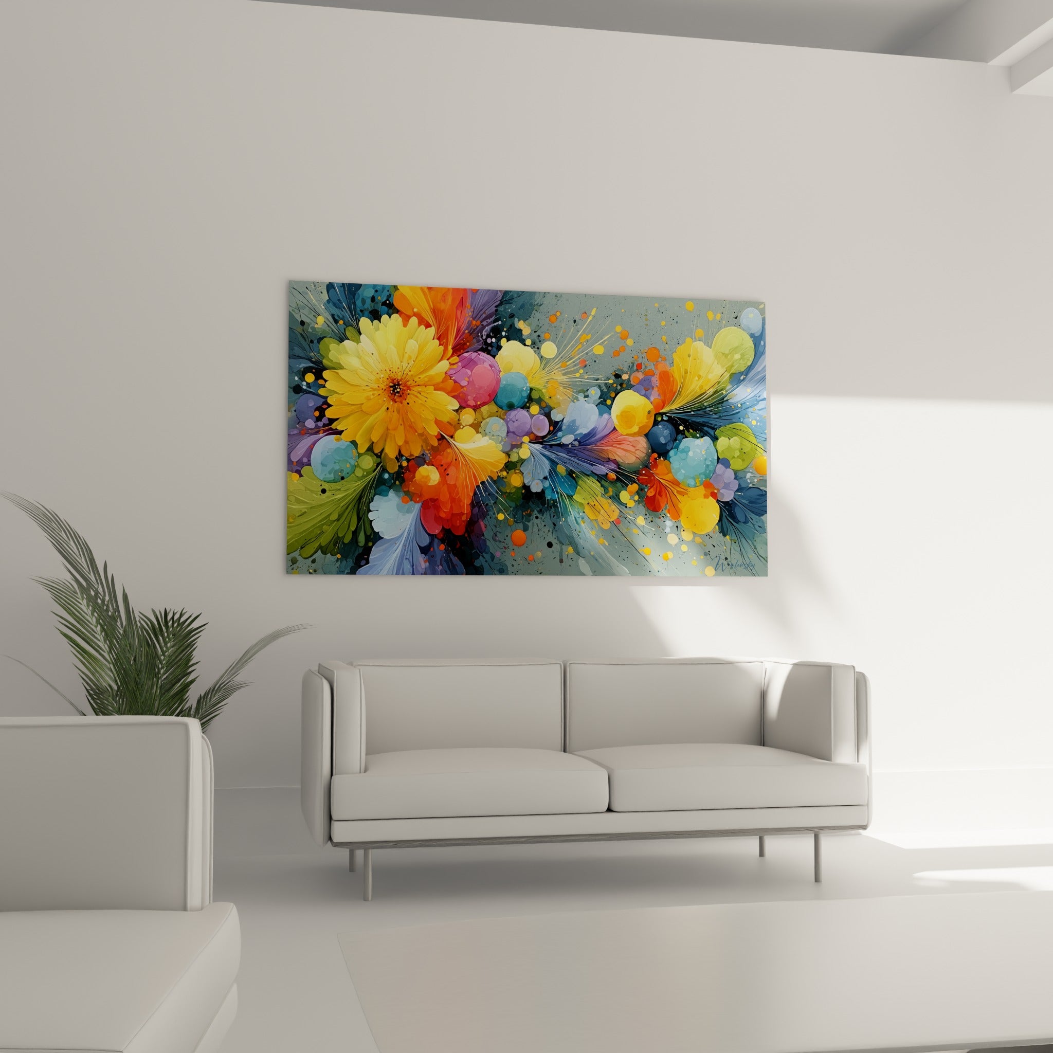 Explosion florale orange et bleu pastel disposée au-dessus d'un canapé dans un salon lumineux