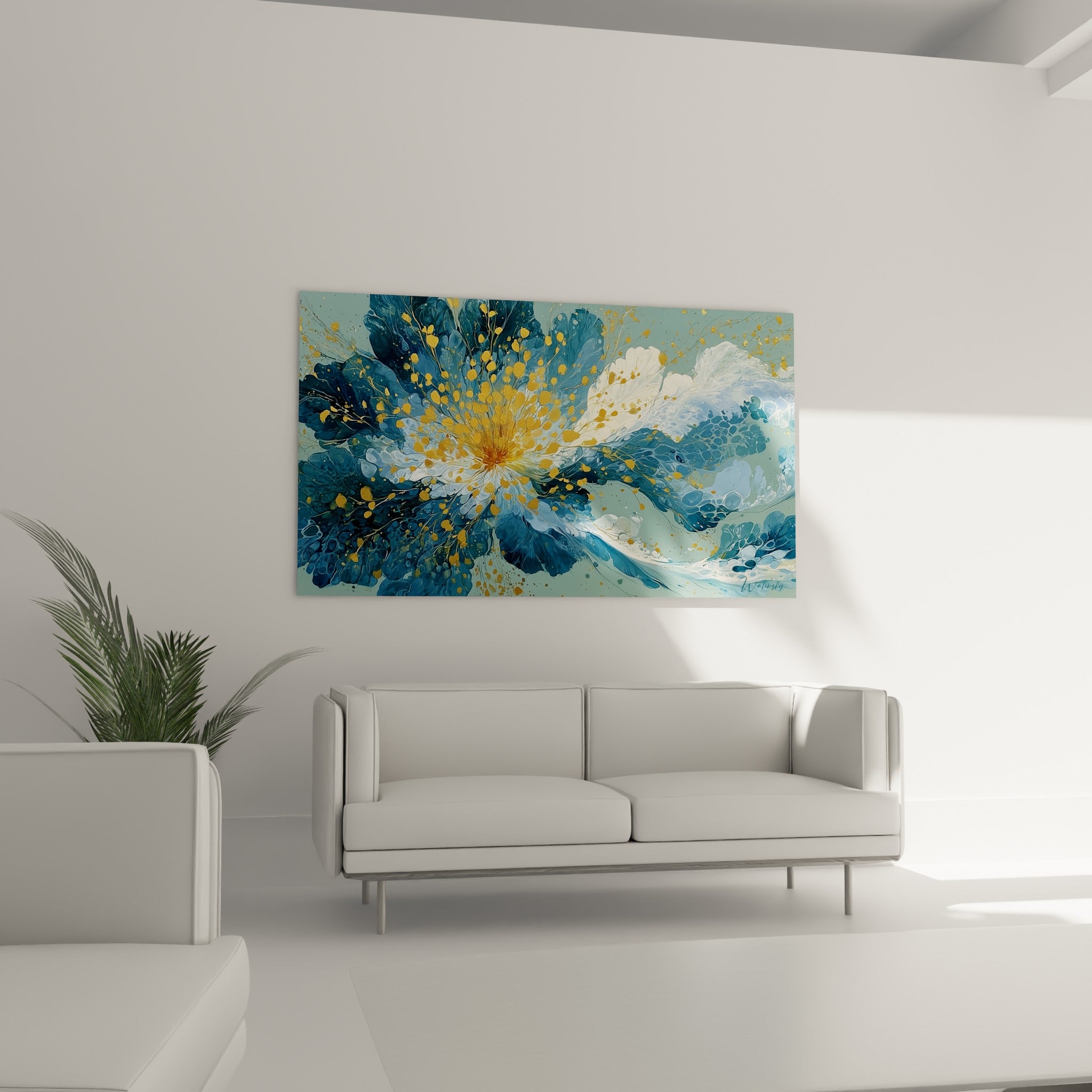 Explosion florale bleu profond et blanc crème ponctuée de filaments dorés, au-dessus d'un canapé dans un salon lumineux