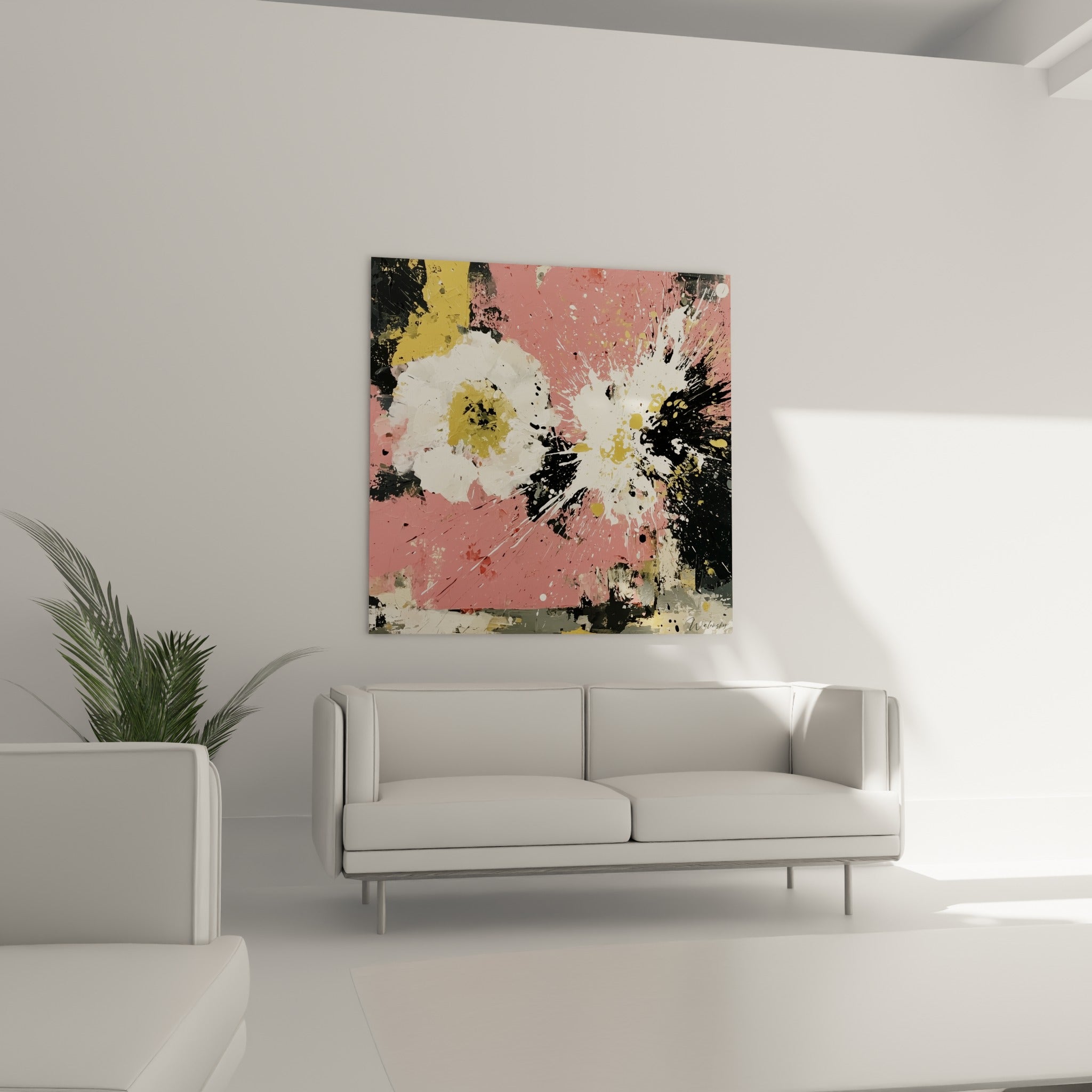 Explosion florale dorée et rose, tableau fleur abstrait au-dessus d'un canapé dans un salon lumineux