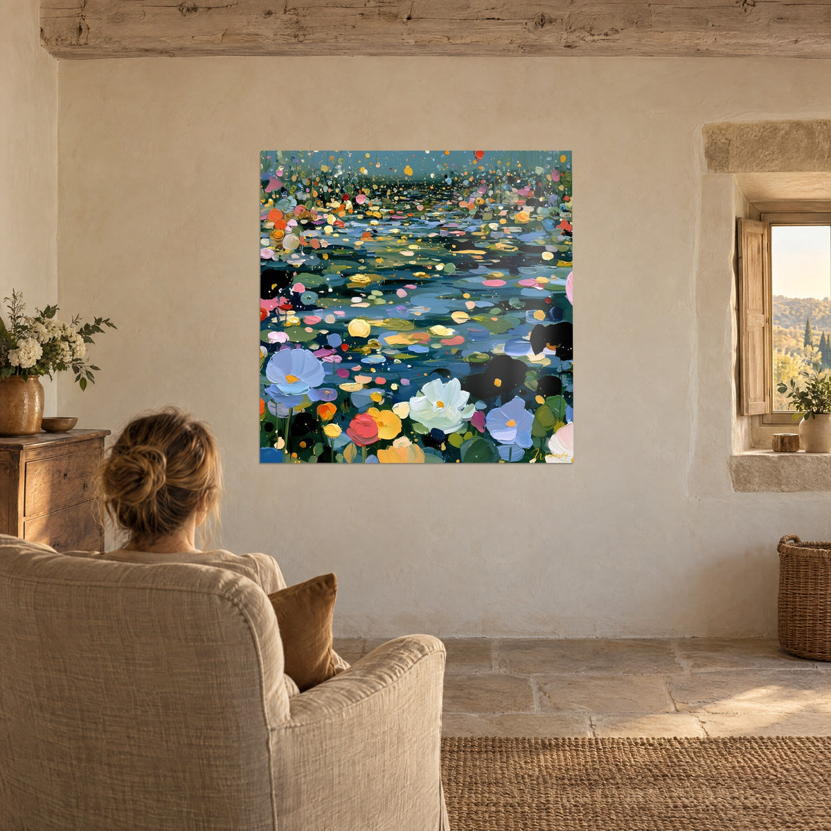 Wall art pond in bloom with dark green and golden reflections, a woman seen from behind in an armchair, beside a stone window
