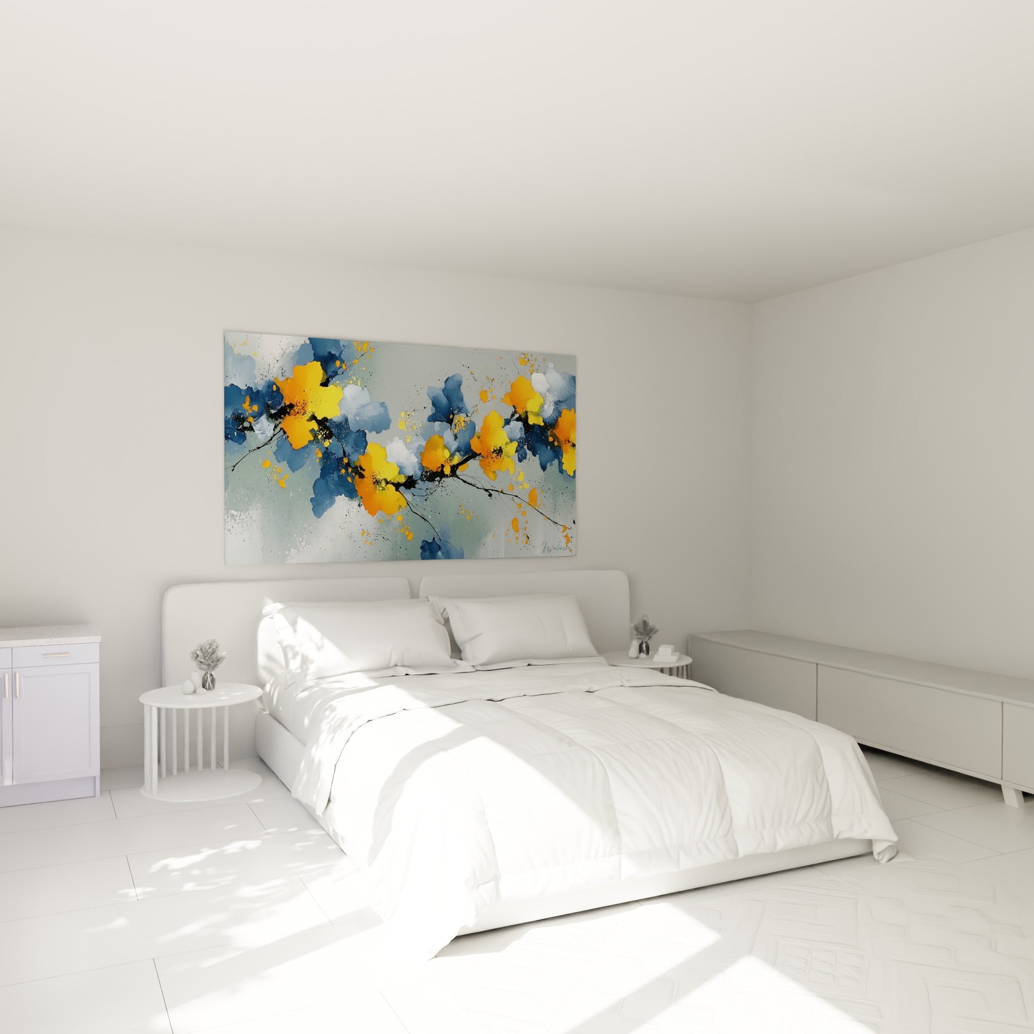 Fleurs orange et jaune vif d'un tableau fleur abstrait au-dessus d'un lit dans une chambre claire