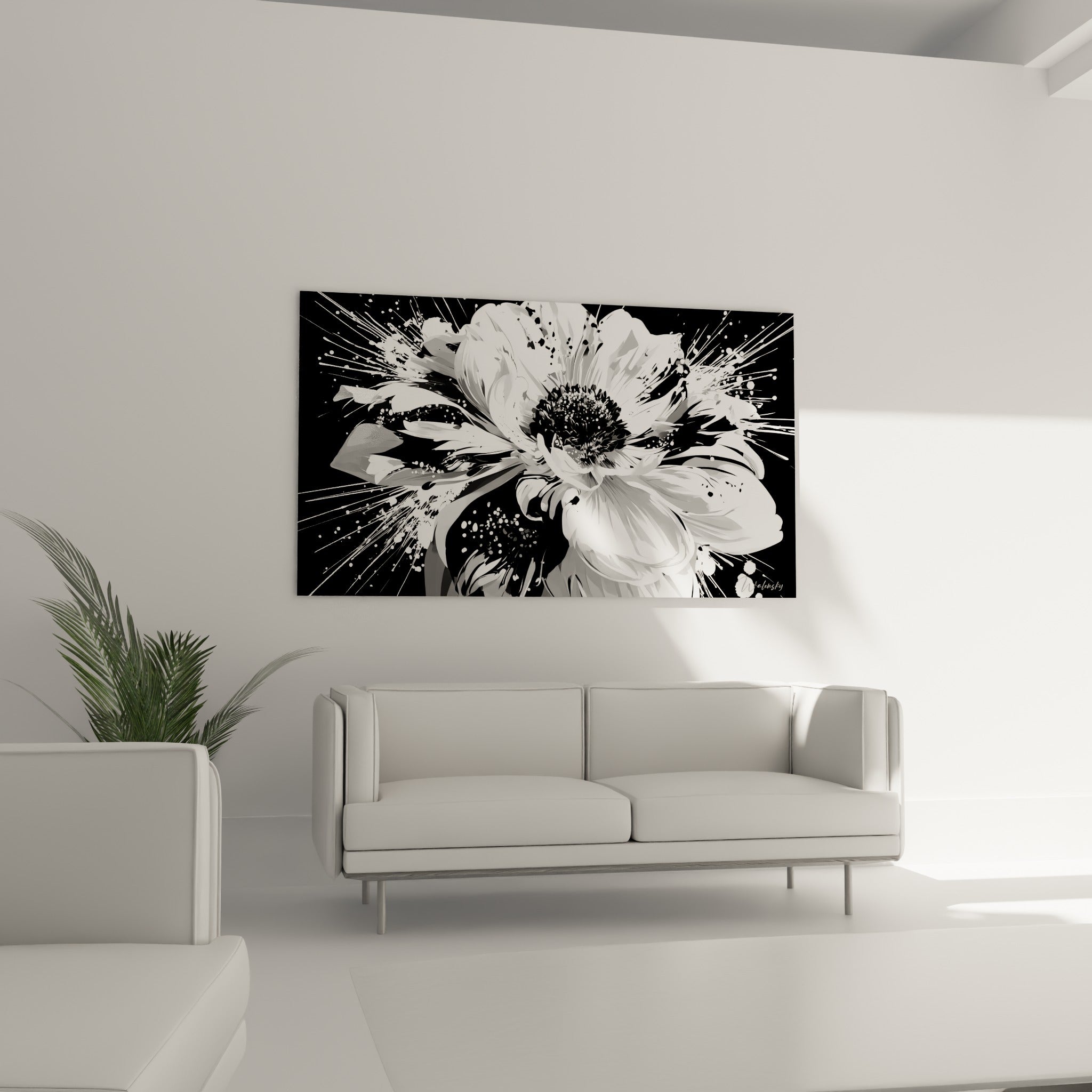 Éclaboussures blanches autour d'une fleur noire et blanche, tableau au-dessus d'un canapé dans un salon lumineux