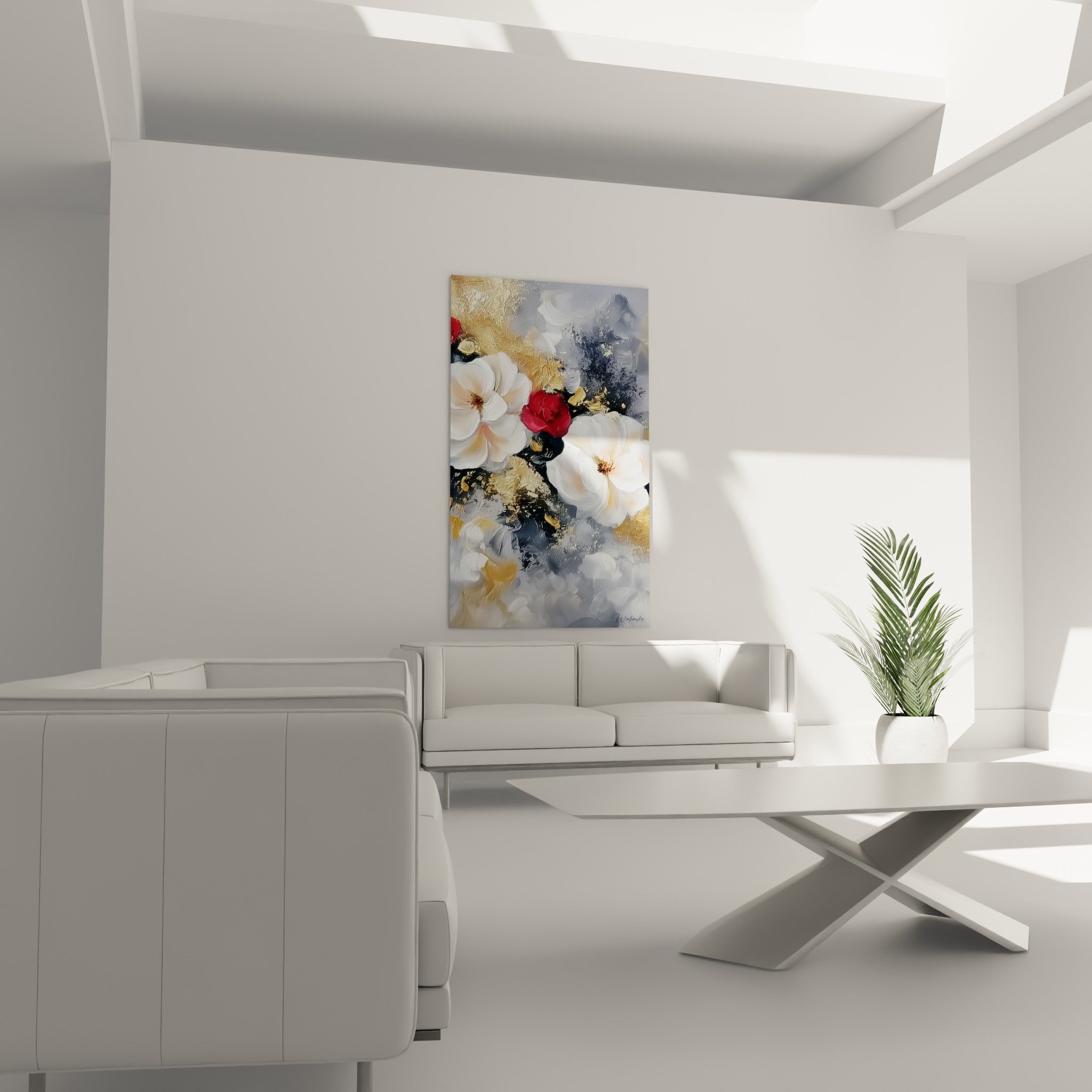Fleurs blanches et rouges texturées, tableau fleur abstrait doré au-dessus d'un canapé dans un salon lumineux