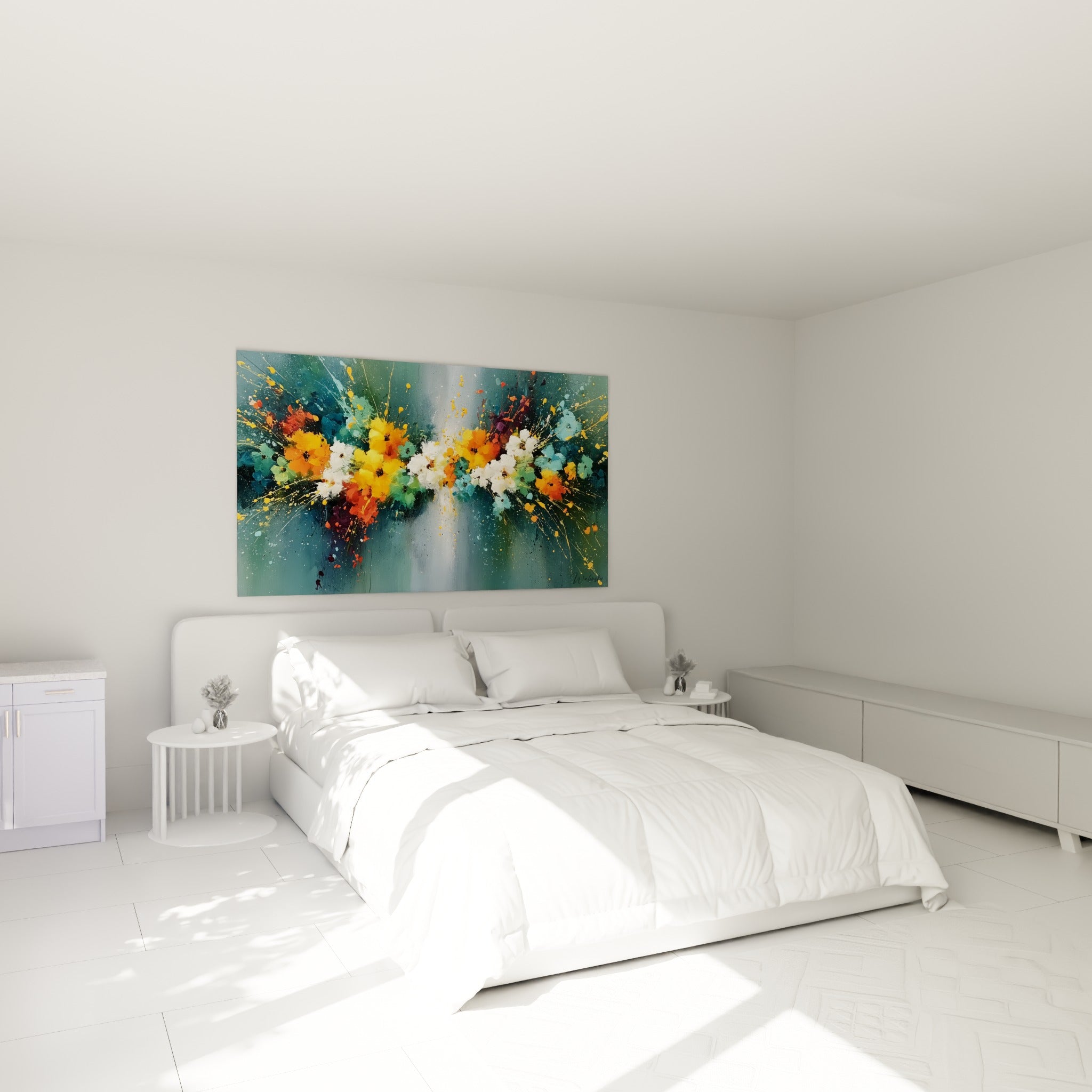 Fleurs éclatées en orange et bleu sarcelle, tableau fleur abstrait au-dessus d'un lit dans une chambre claire