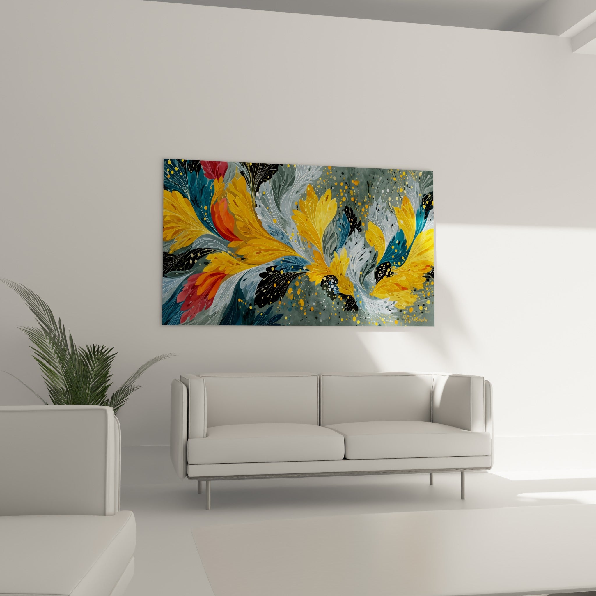 Pétales stylisés jaune moutarde et noir du fleur abstrait au-dessus d'un canapé dans un salon lumineux