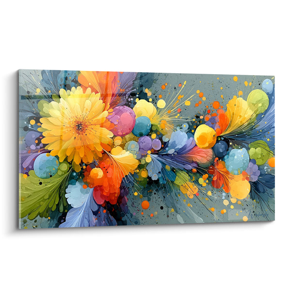 Tableau Fleur jaune aux éclats orangés et bleutés - Explosion florale - Edition fleur abstrait