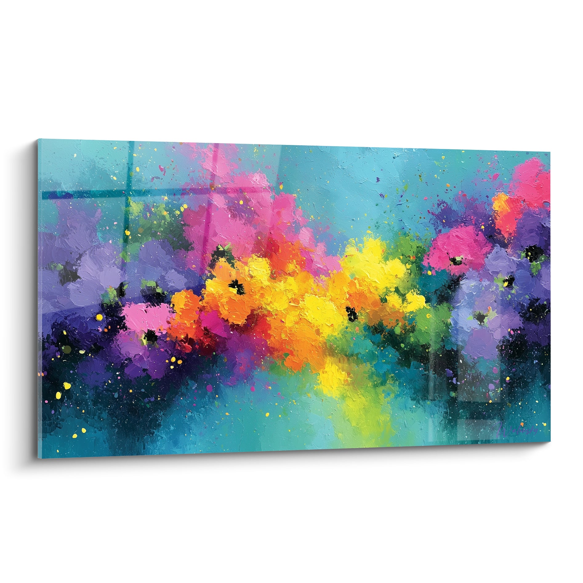 Bouquet abstrait jaune et turquoise en peinture empâtée, éclaboussures magenta et violet sur toile