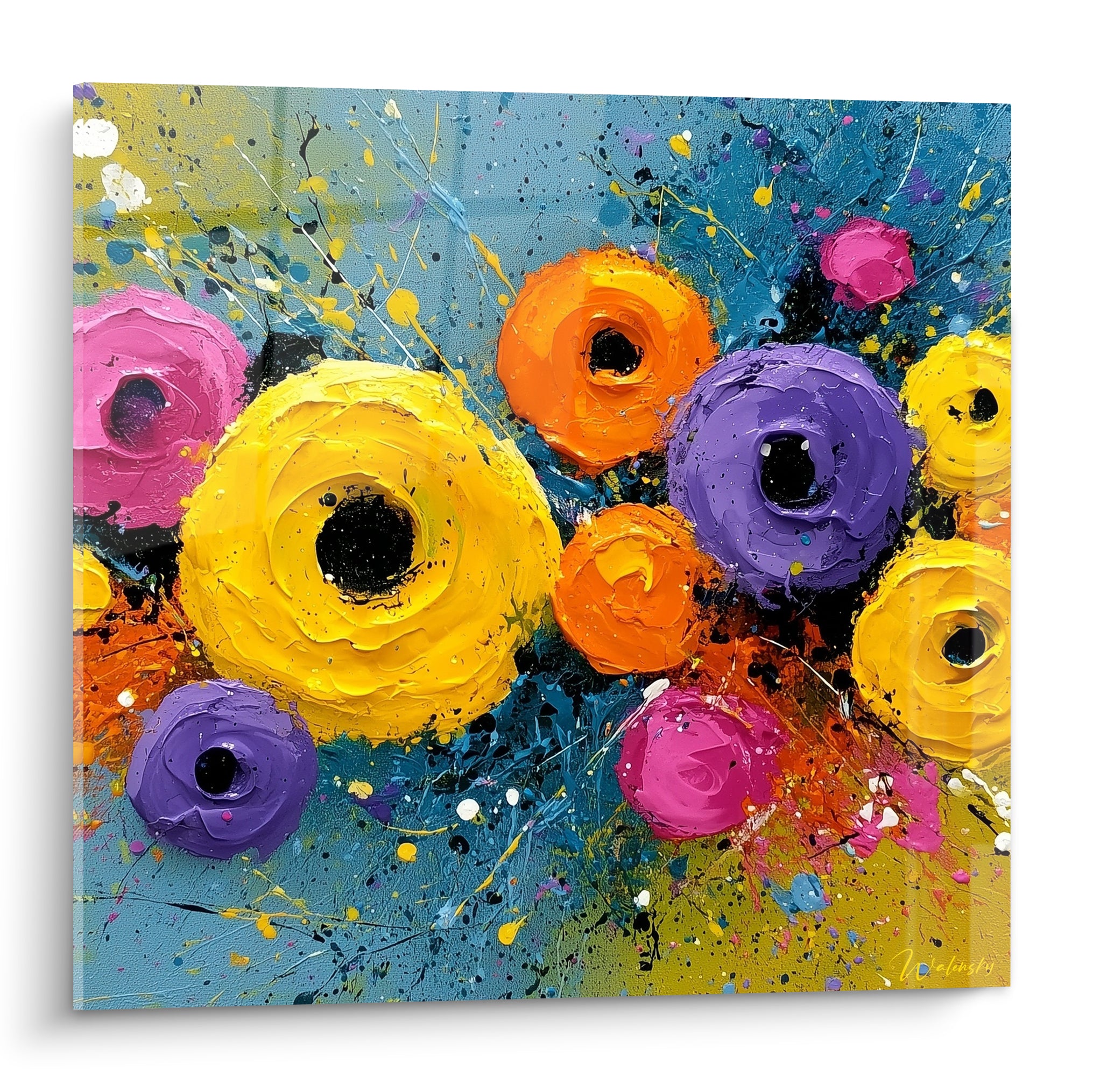Roses peintes en jaune, violet et orange, texture épaisse et éclaboussures sur fond bleu pétrole