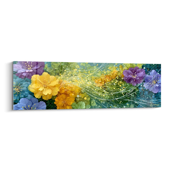 Tableau Fleurs jaunes et violettes traversées de courants lumineux - Souffle nocturne - Edition fleur abstrait
