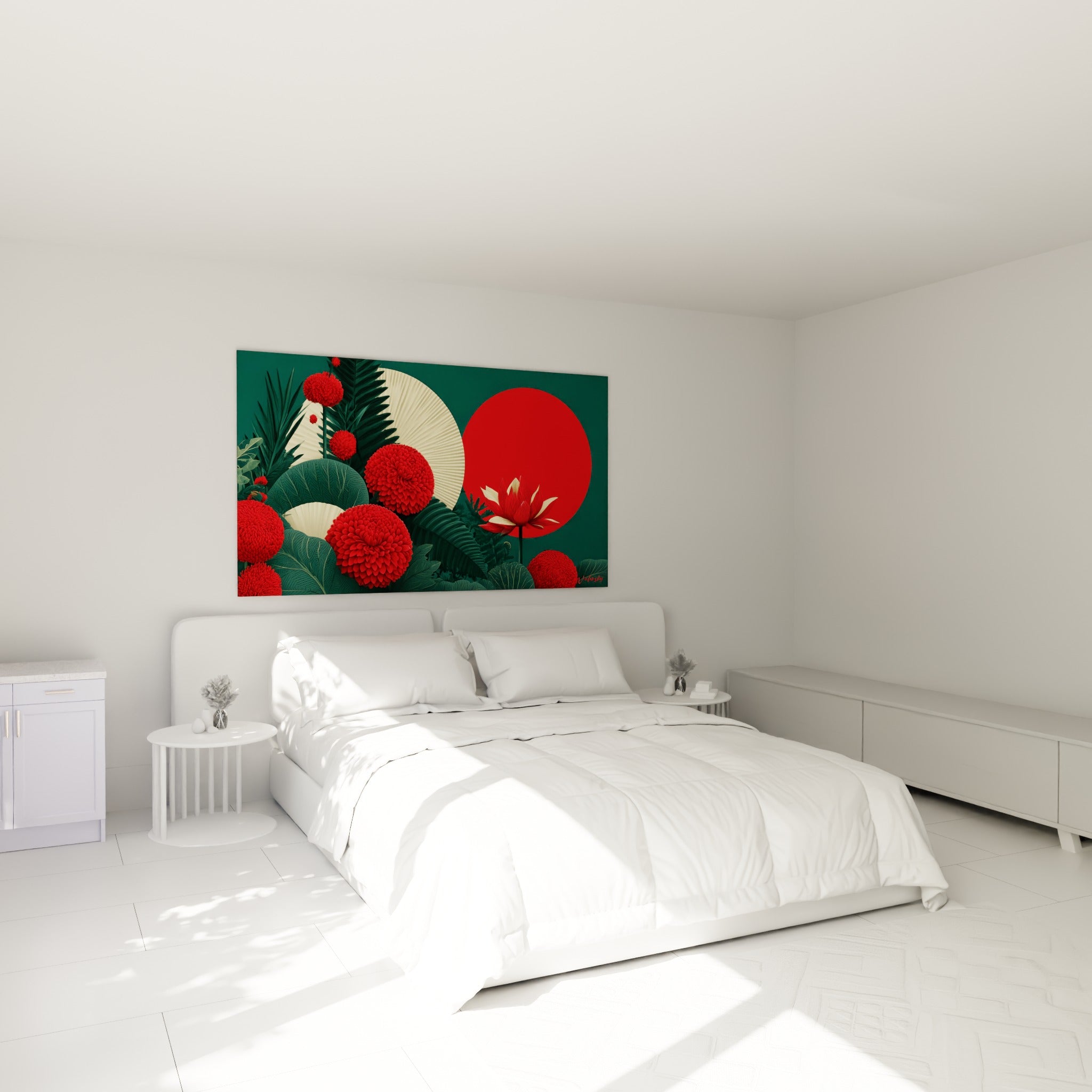 Fleurs pompons rouges et lotus crème du tableau fleur abstrait au-dessus d'un lit dans une chambre claire