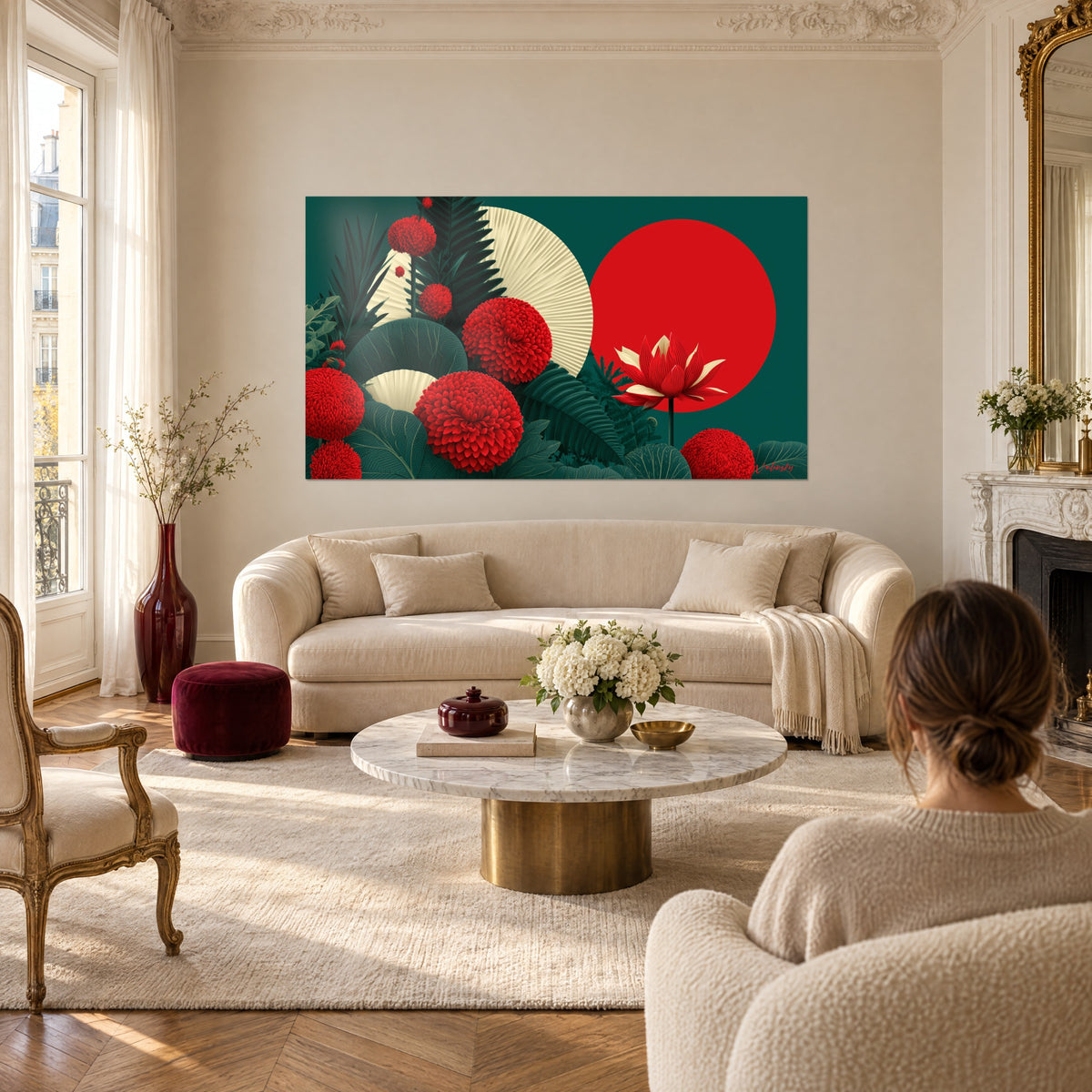 Wall art scarlet chrysanthemums before a large red sun, cream fans, fir-green foliage, above a sofa in a bright living room