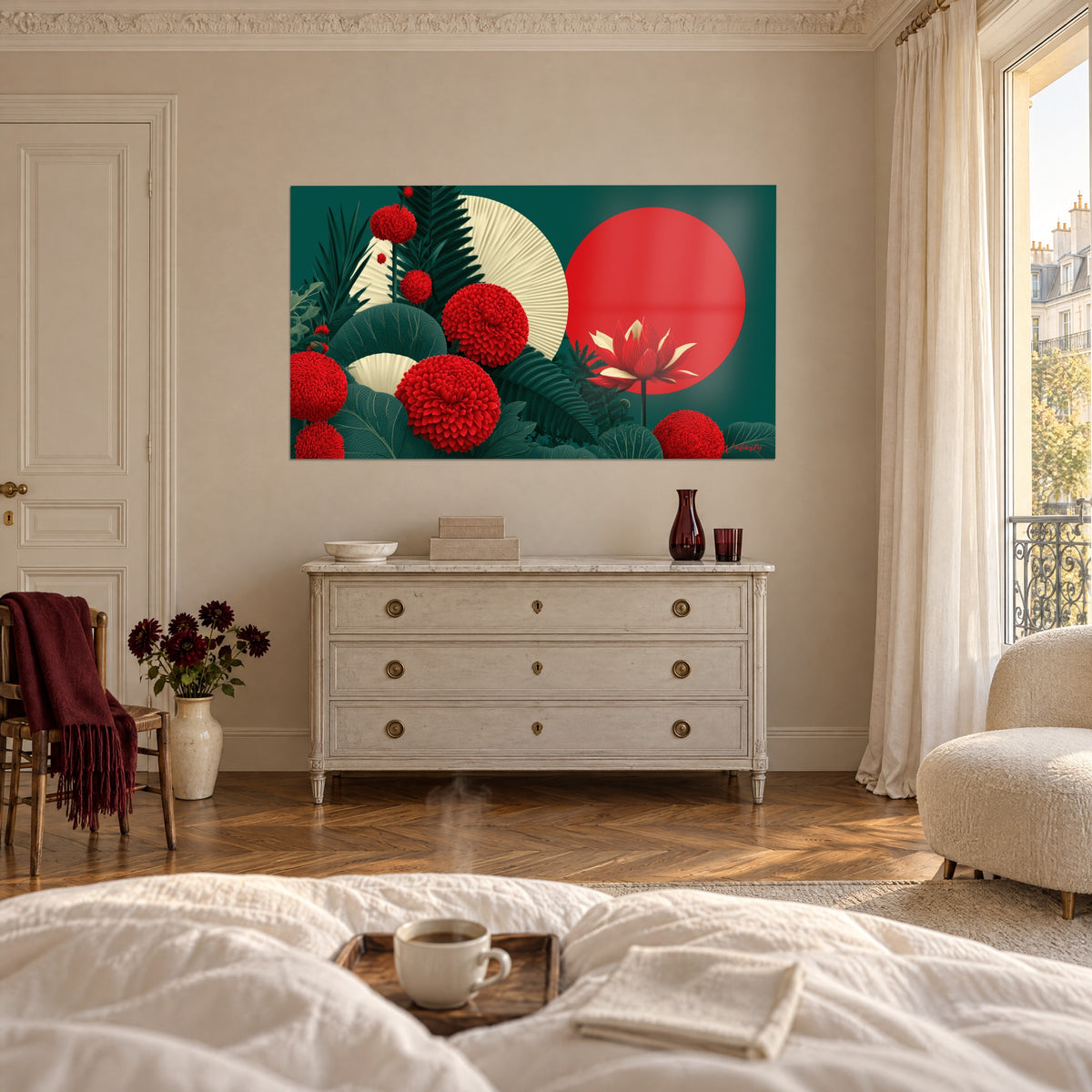 Wall art red lotus with cream tips and a scarlet disc on an emerald green background, above a bed in a light bedroom