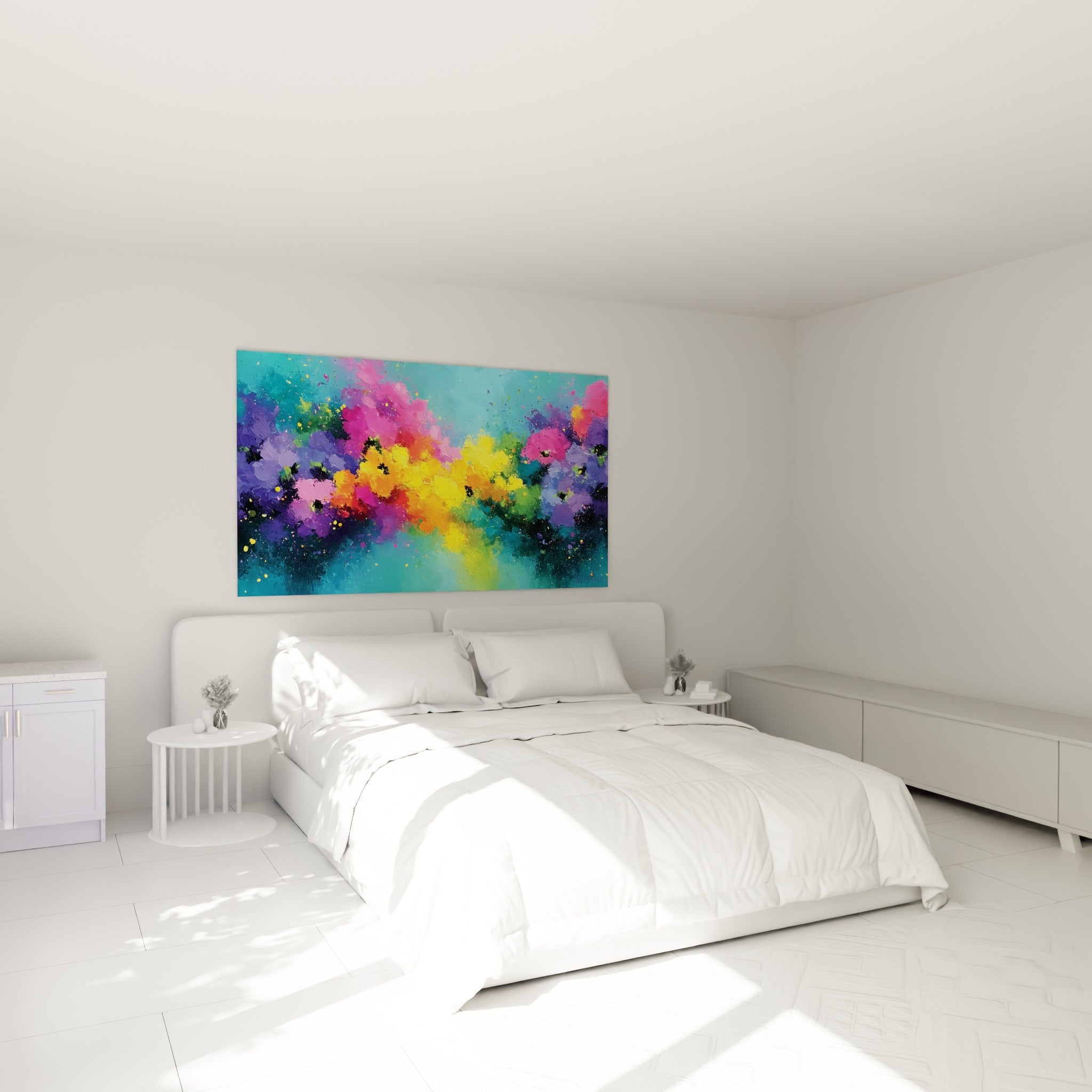 Explosion florale jaune, orange et turquoise accrochée au-dessus d'un lit dans une chambre claire