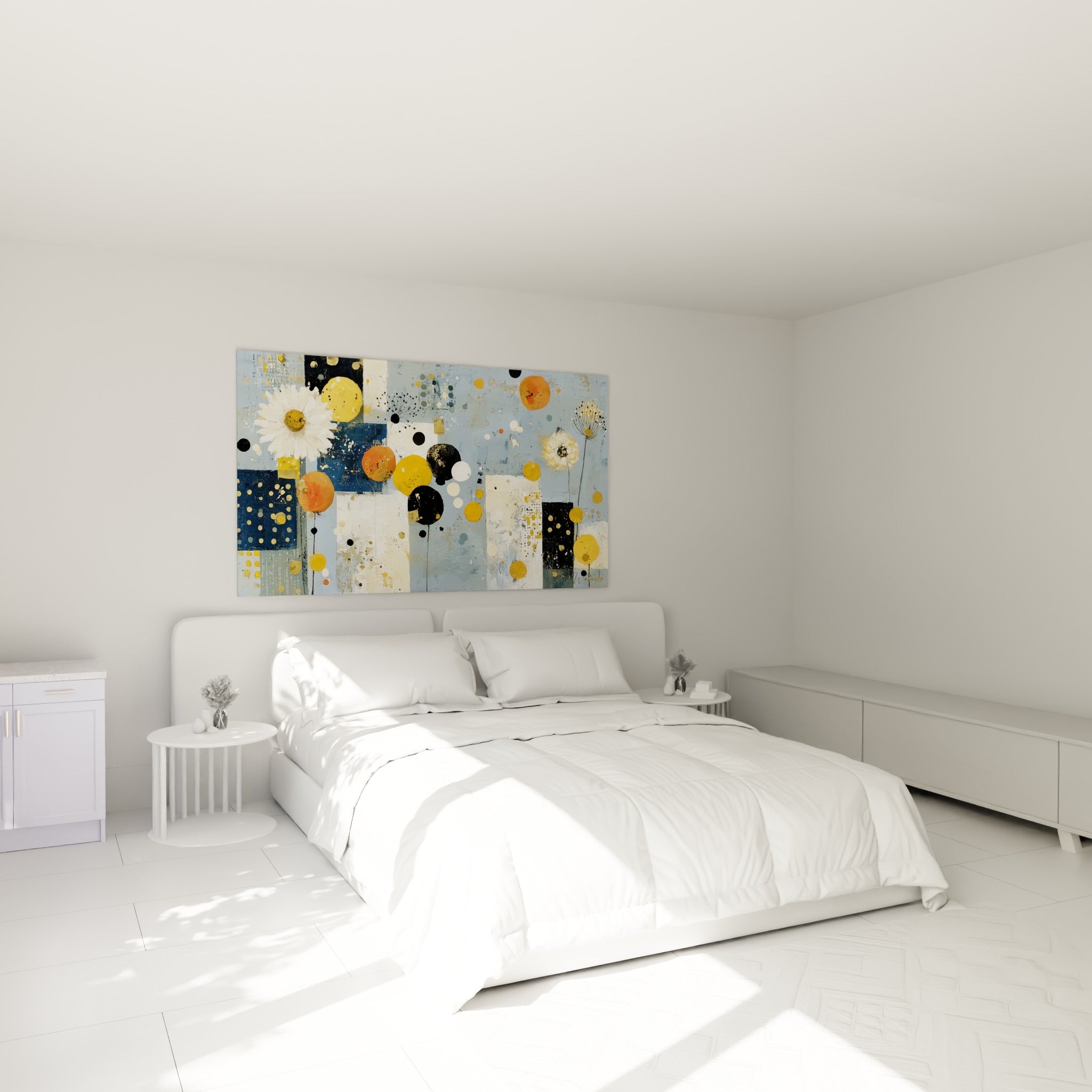 Marguerite blanche et pissenlit doré entourés de pois colorés, au-dessus d'un lit dans une chambre claire