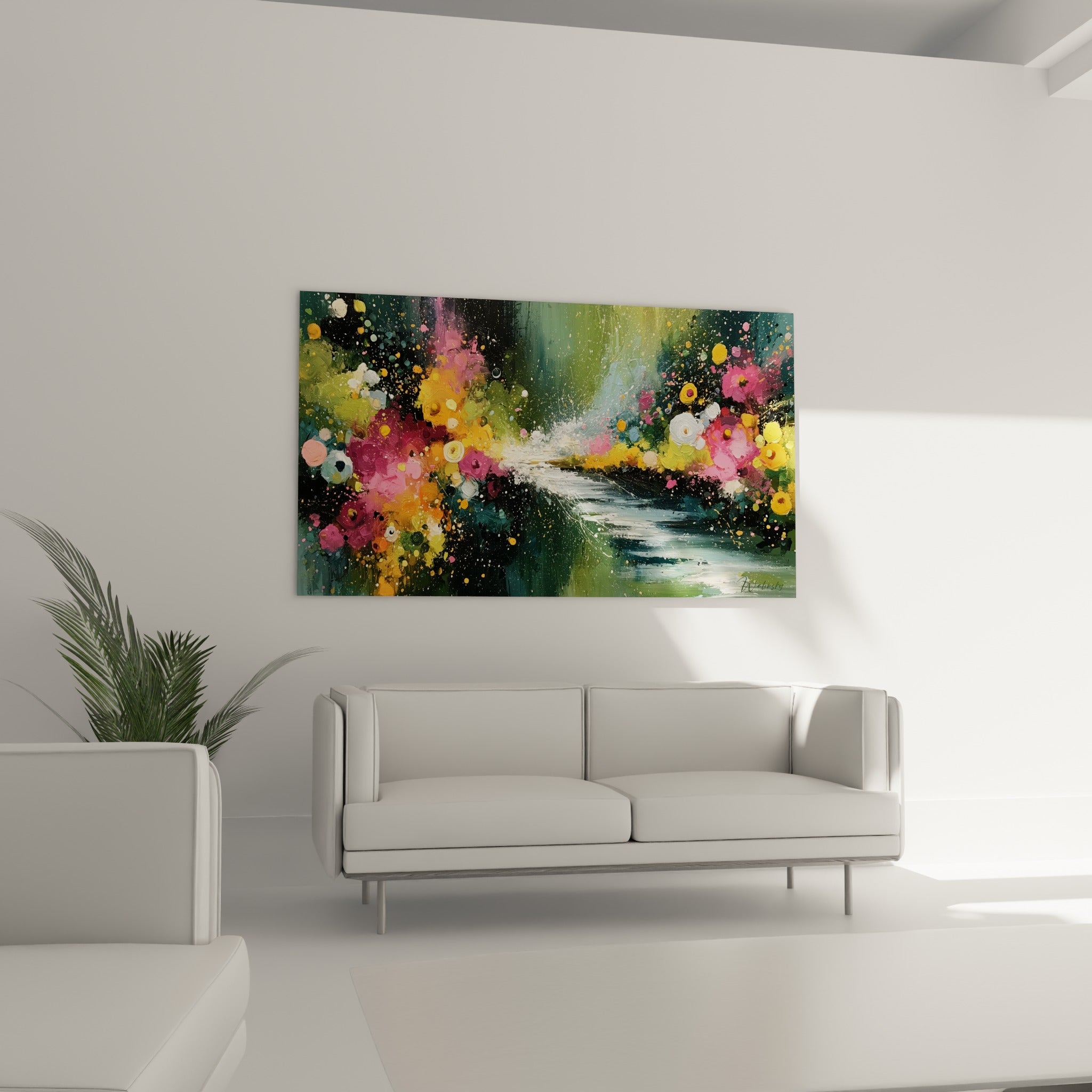 Massif de fleurs roses et jaunes au-dessus d'un canapé dans un salon lumineux