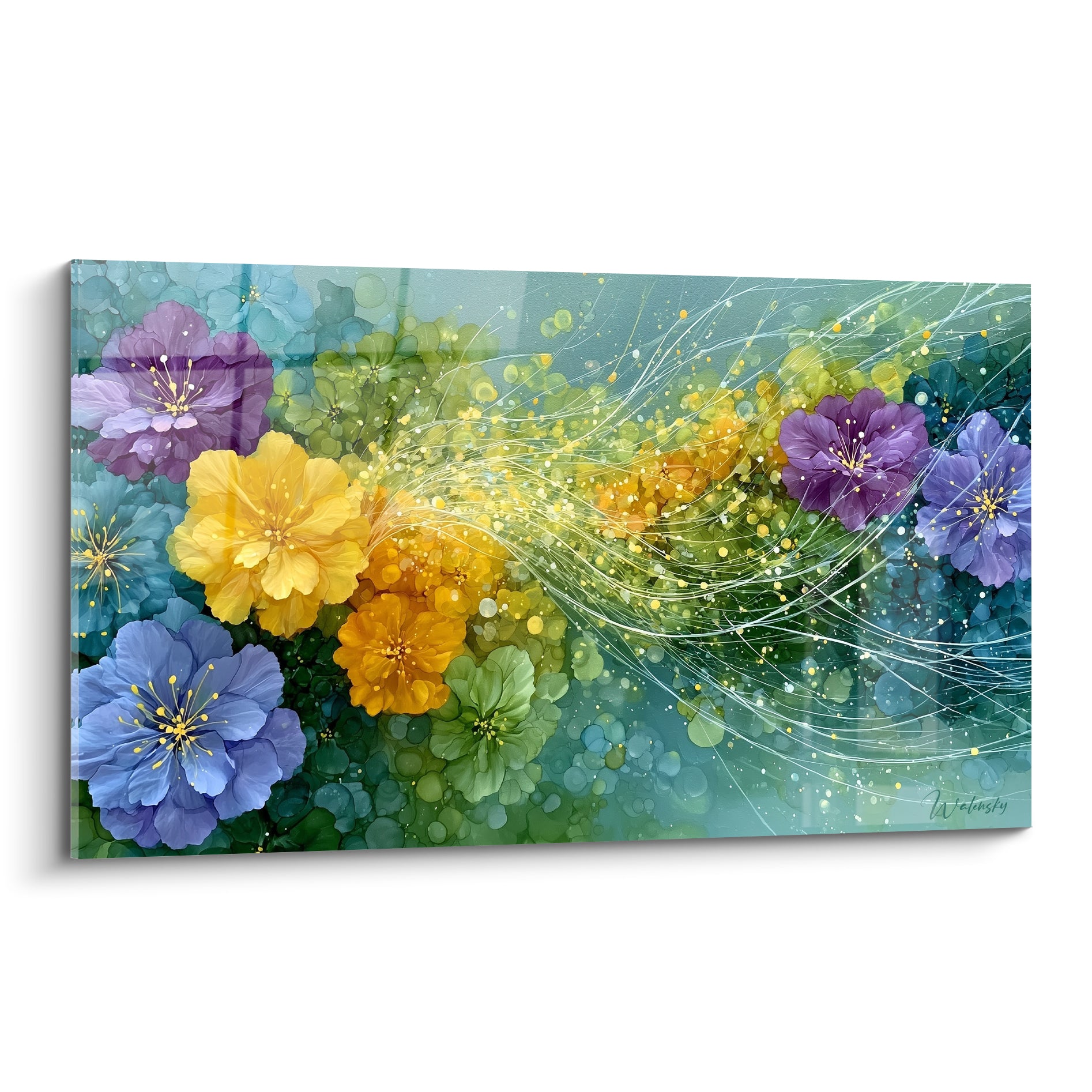 Fleur abstrait aux pétales mauves et dorés, volutes lumineuses sur fond vert sauge profond