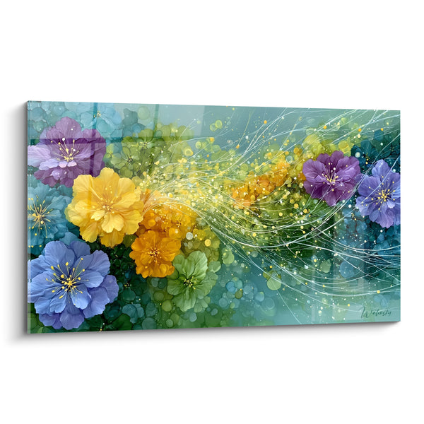 Tableau Fleurs mauves et dorées aux volutes lumineuses - Souffle printanier - Edition fleur abstrait