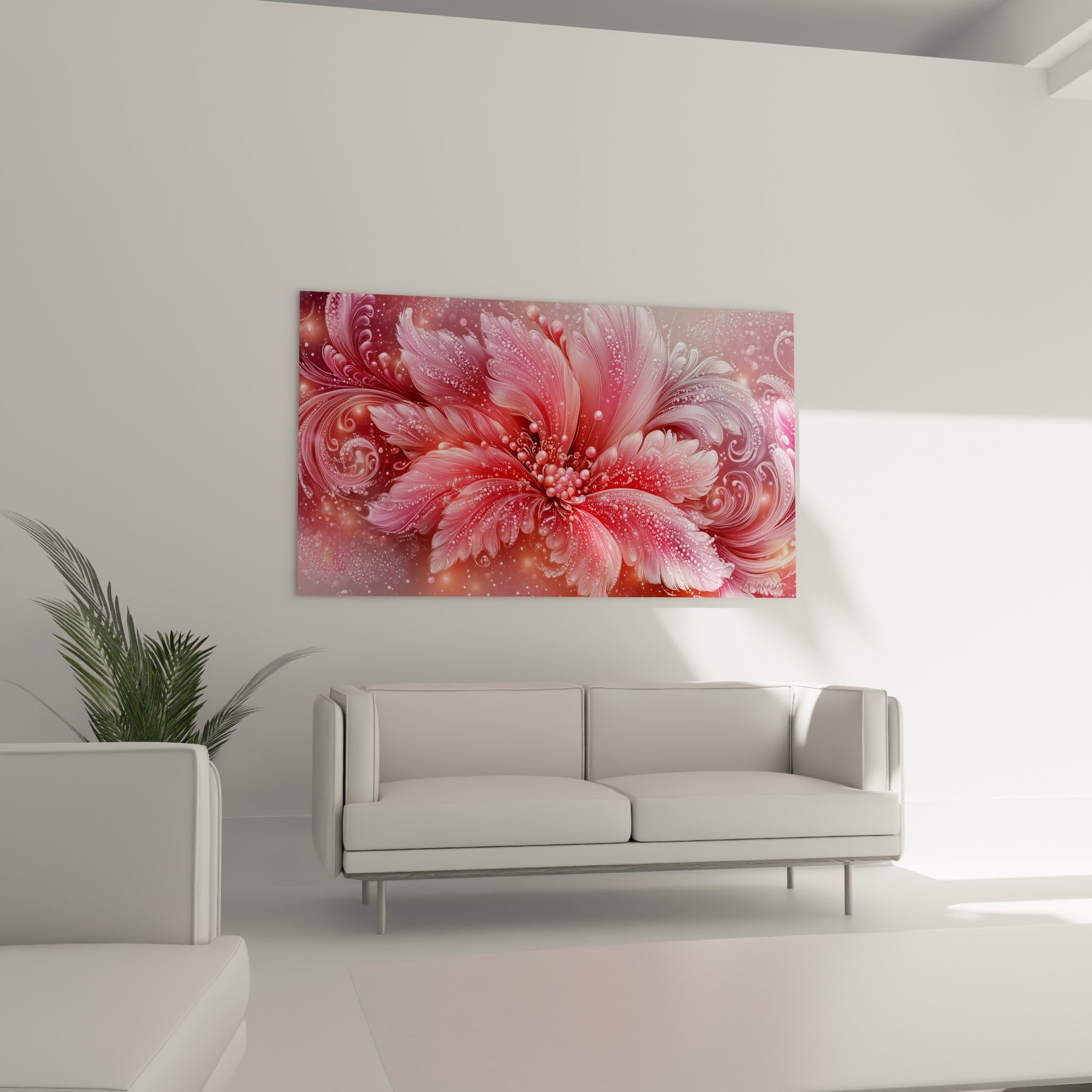 Volutes florales roses et corail nacrées d'une fleur abstraite, au-dessus d'un canapé dans un salon lumineux