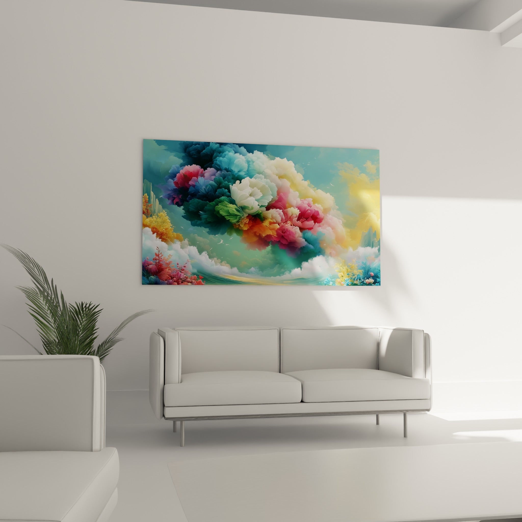 Nuages floraux fleur abstrait vert d'eau et blanc au-dessus d'un canapé dans un salon lumineux