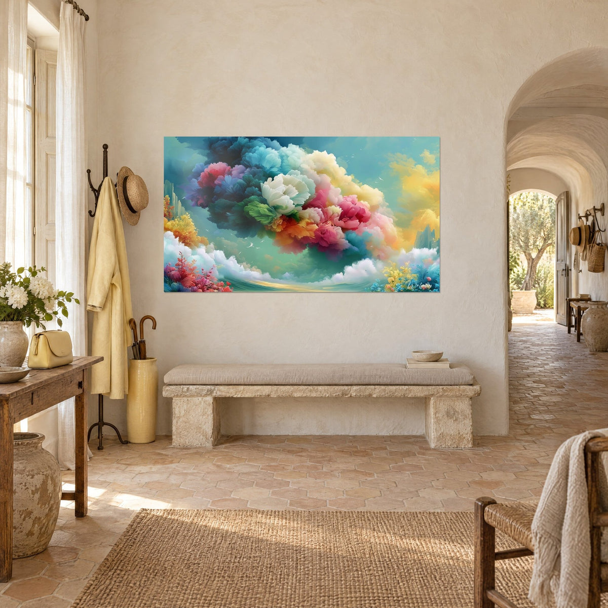 Wall art cloud of fluffy fuchsia and pale yellow blooms against a sea-green sky, Provençal farmhouse, three-quarter view