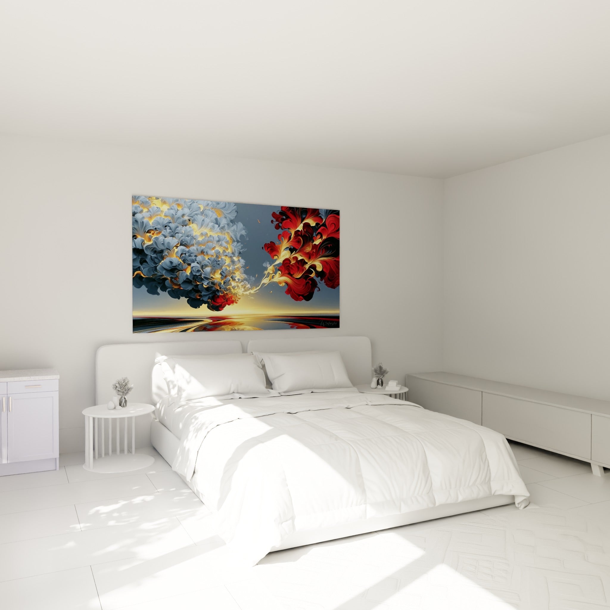 Volutes rouges et blanches d'une fleur abstraite dorée, au-dessus d'un lit dans une chambre claire