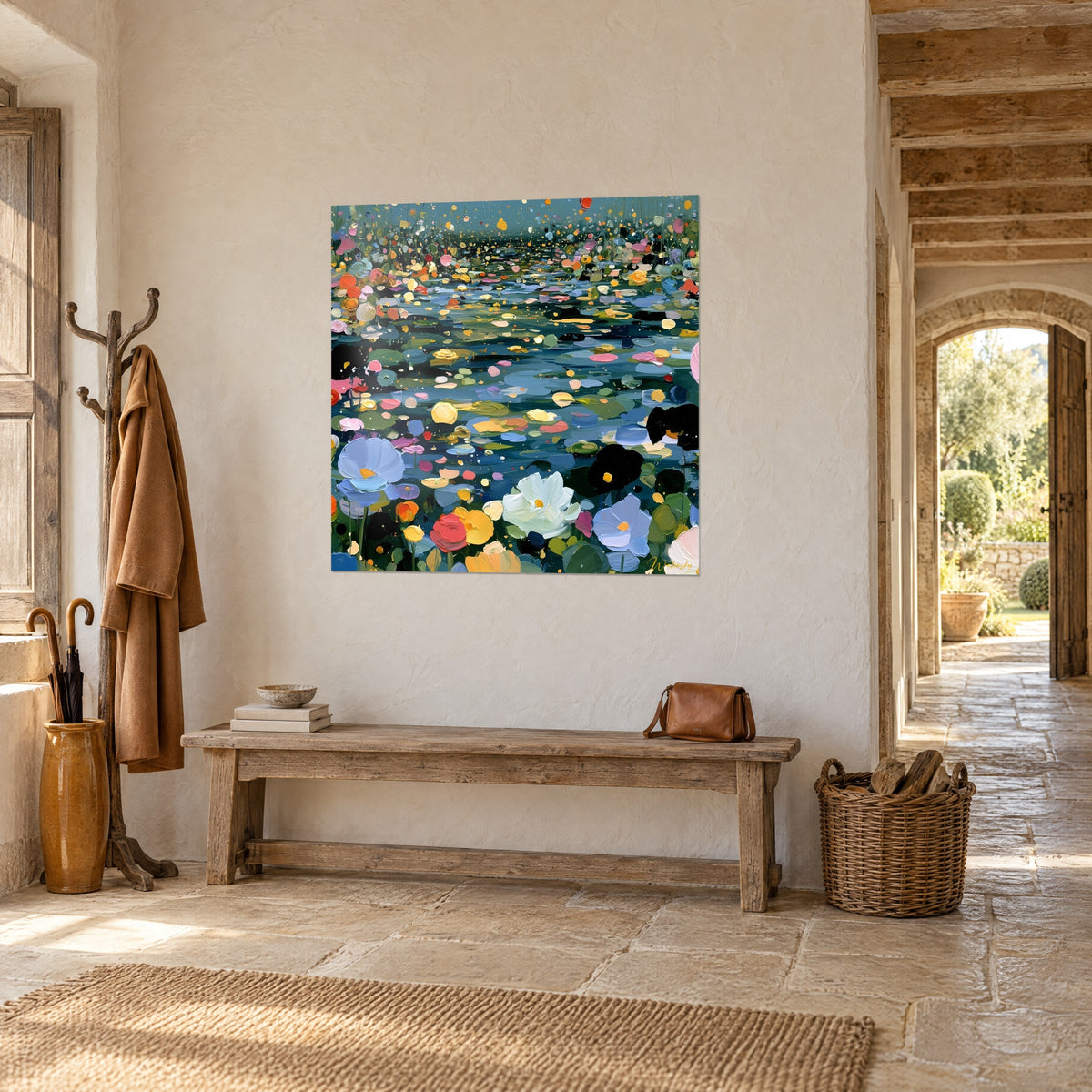 Wall art water lilies in thick impasto, pink and white petals on dark water, hung near an open stone arch