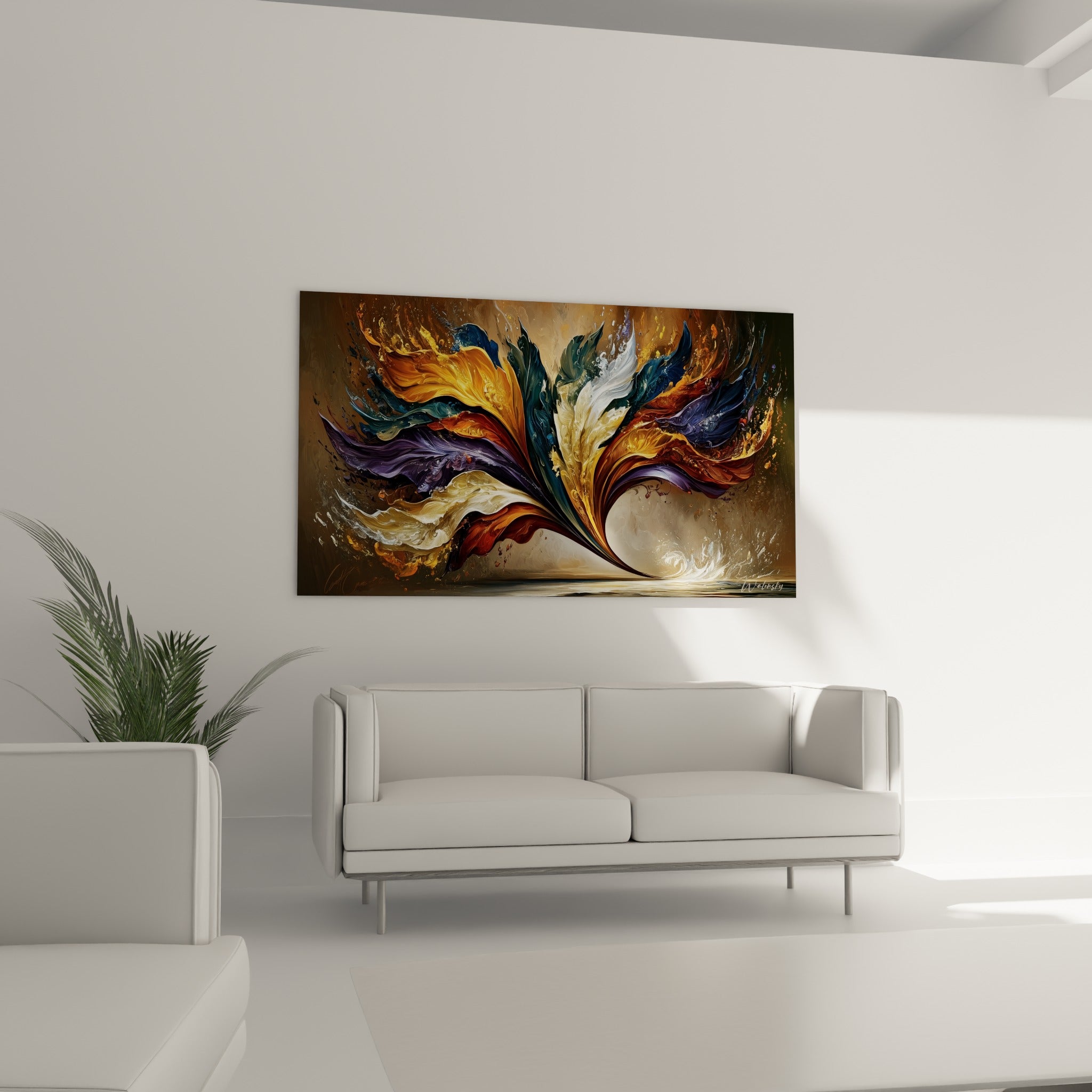 Pétales prune et ocre d'une composition florale abstraite au-dessus d'un canapé dans un salon lumineux